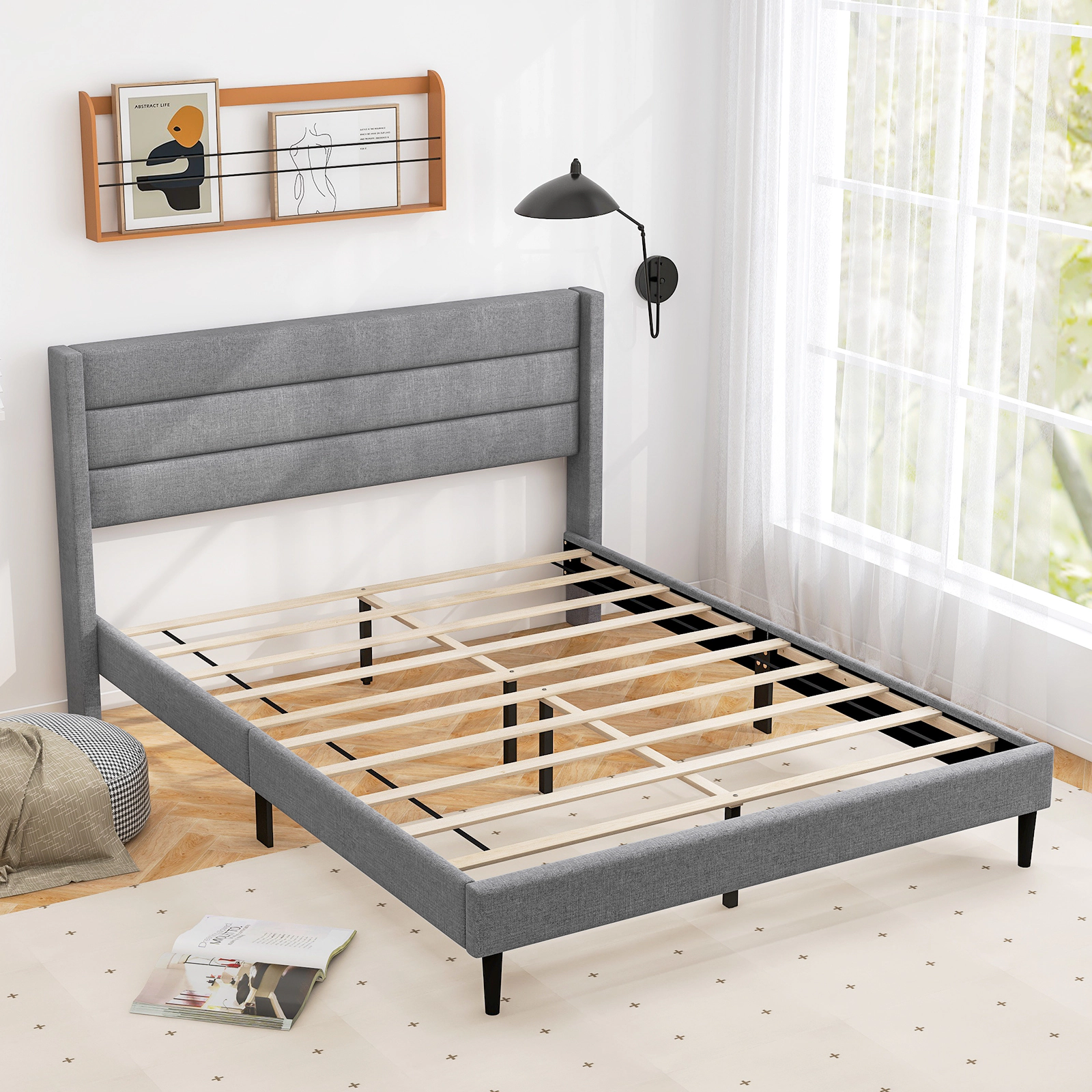 Queen Size Linen Upholstered Platform Bed Frame with Quilted Wingback Headboard 10 Ventilated Plywood Slats Grey