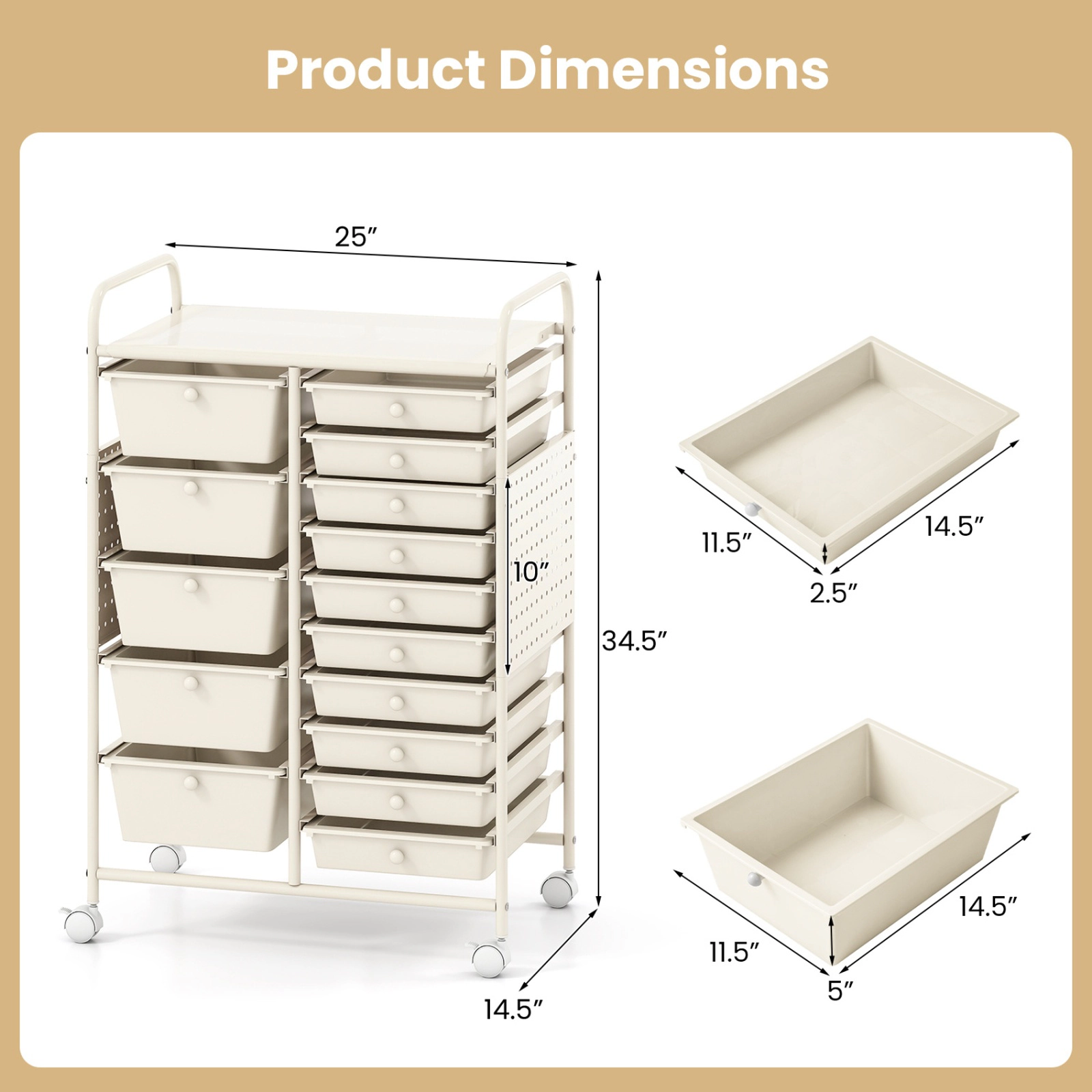 SUGIFT White 34-in 15-Drawer Rolling Cart Craft Organizer with Pegboard Metal Tabletop and Locking Wheels