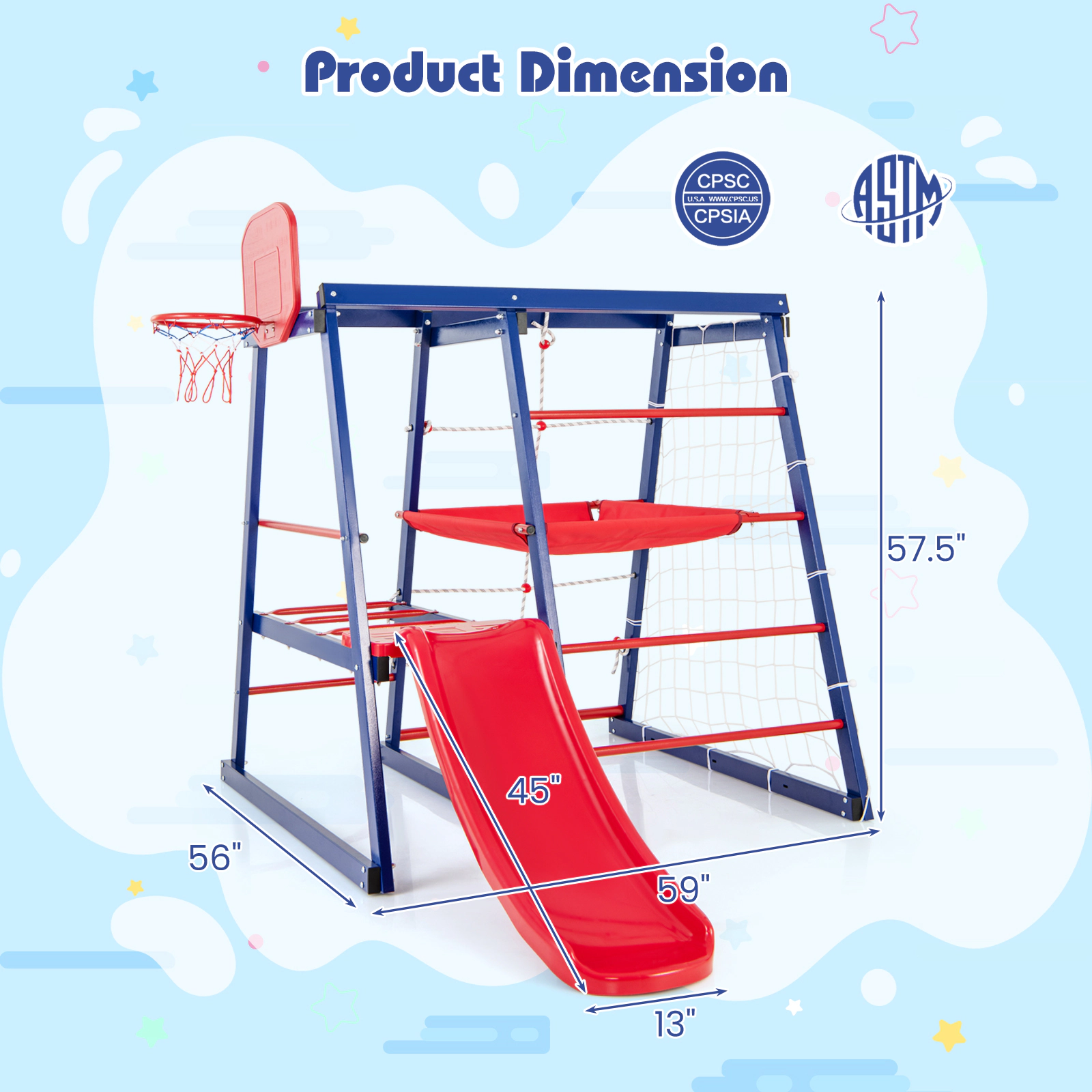 SUGIFT 7-in-1 Metal Toddler Climbing Playset with Slide and Fabric Platform 265-lb Capacity for Ages 3-7 Red Blue