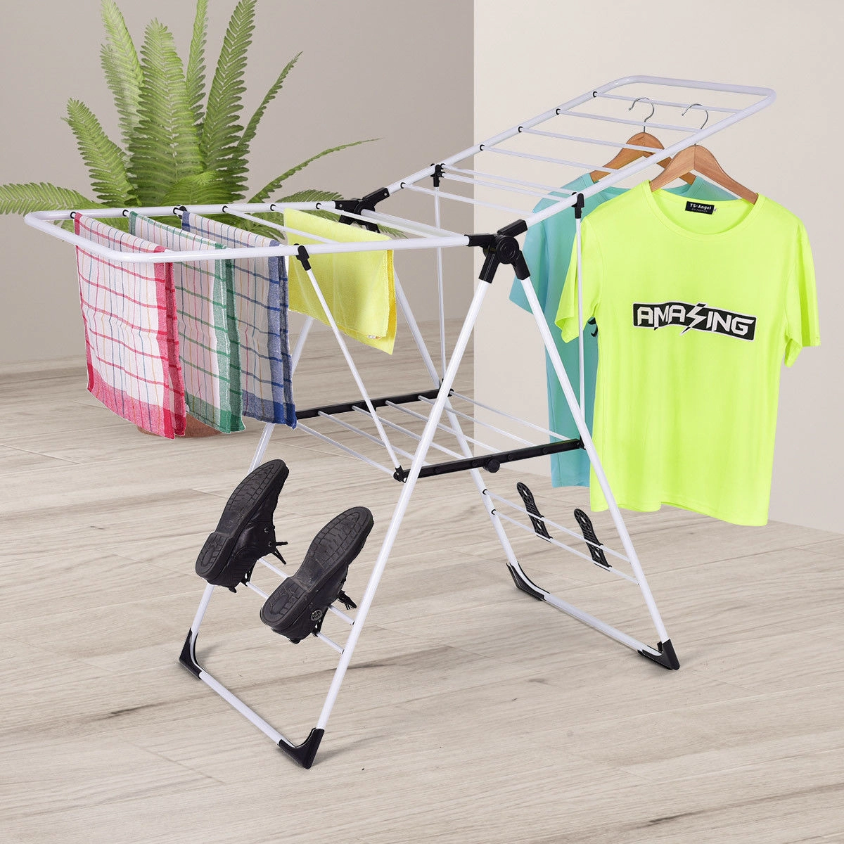 SUGIFT Portable Laundry Clothes Drying Rack White with Adjustable Support Wings