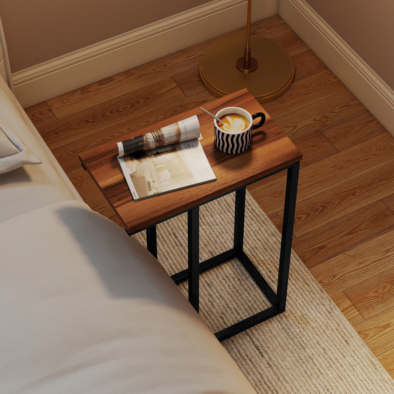SUGIFT Sturdy Metal Frame and 18 in Tabletop Walnut C-Shaped End Table