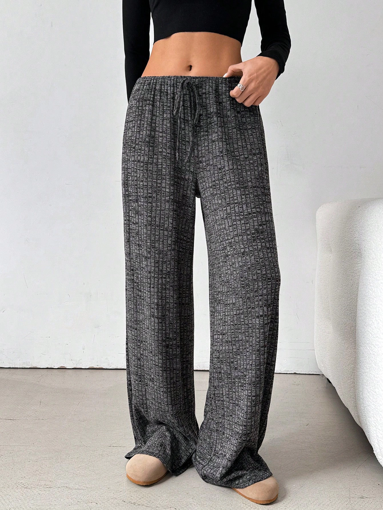 Enchanted Funland Womens Drawstring  Waffle Knit High Waist Straight Pants