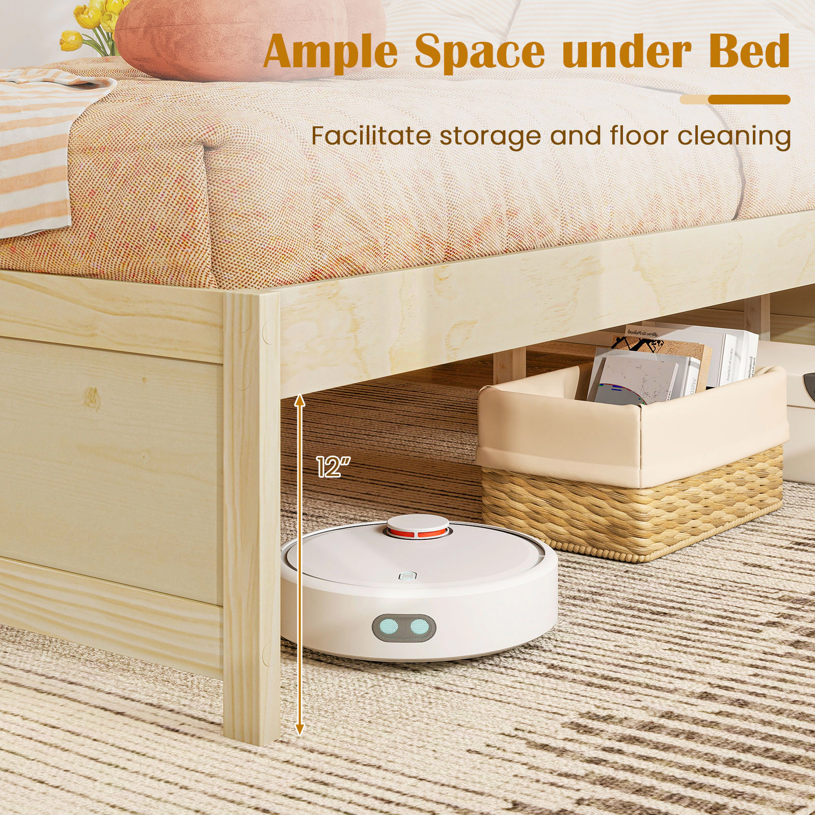SUGIFT Queen Size Bed Frame with 2 Rolling Storage Drawers 300-lb Capacity 83-in Long Natural/White