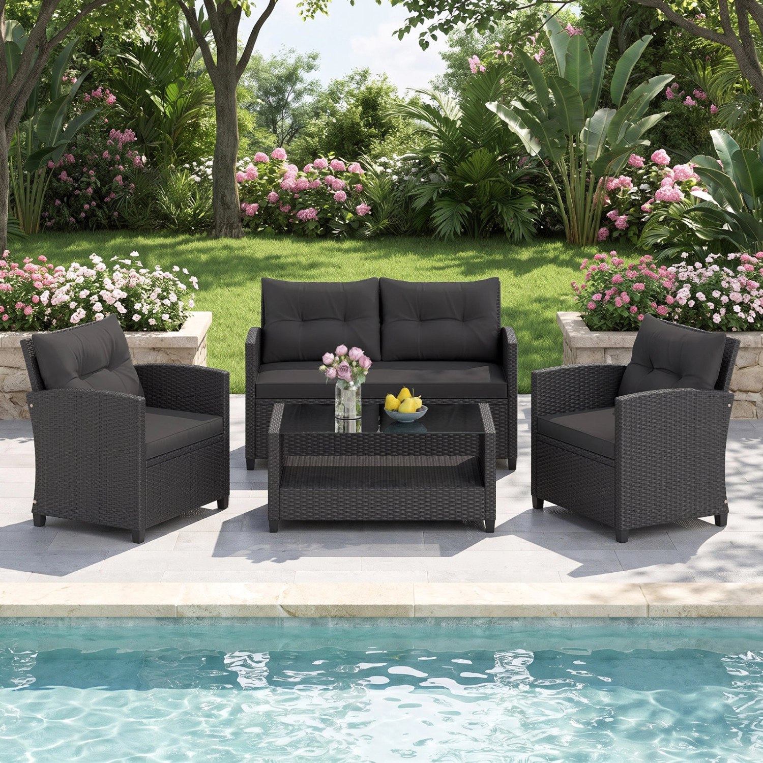 LJG 4 Pieces Patio Rattan Furniture Set with Tempered Glass Coffee Table