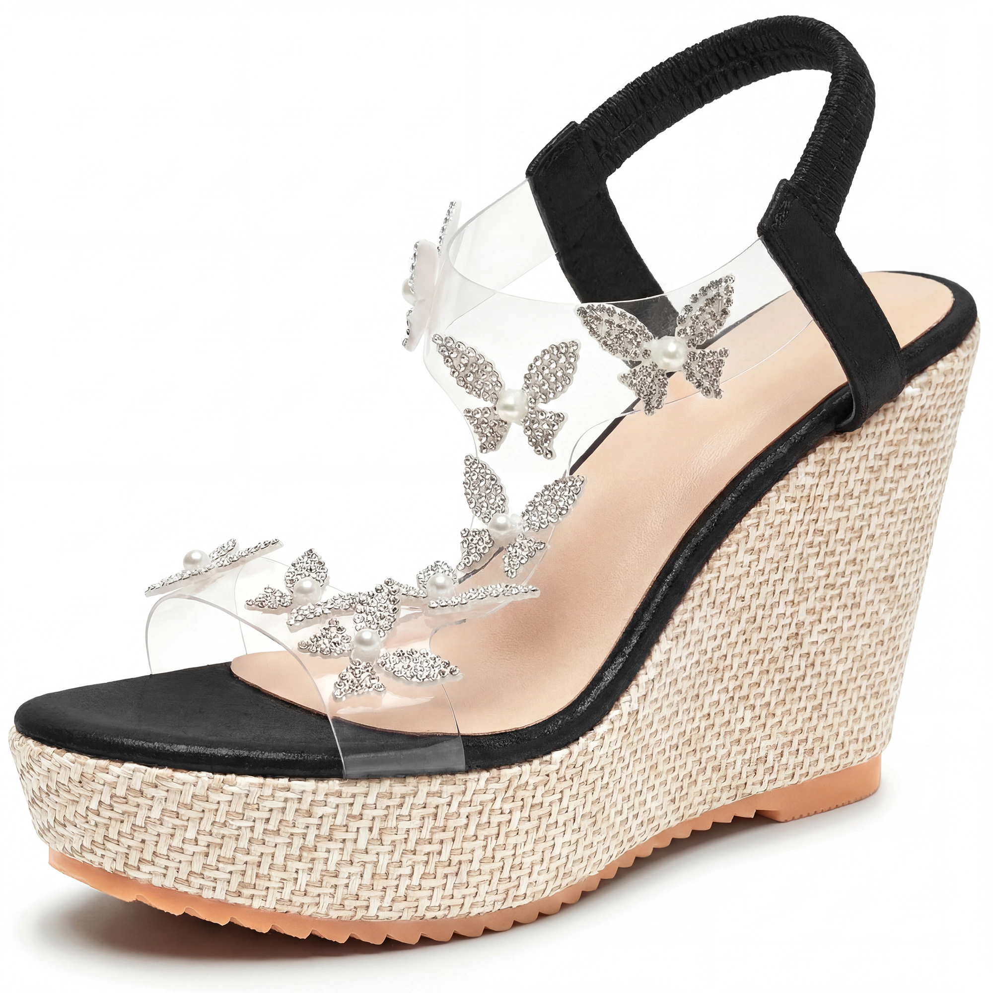 BLISSFUL STEP Women's Rhinestone Butterfly Transparent Band Platform Sandals
