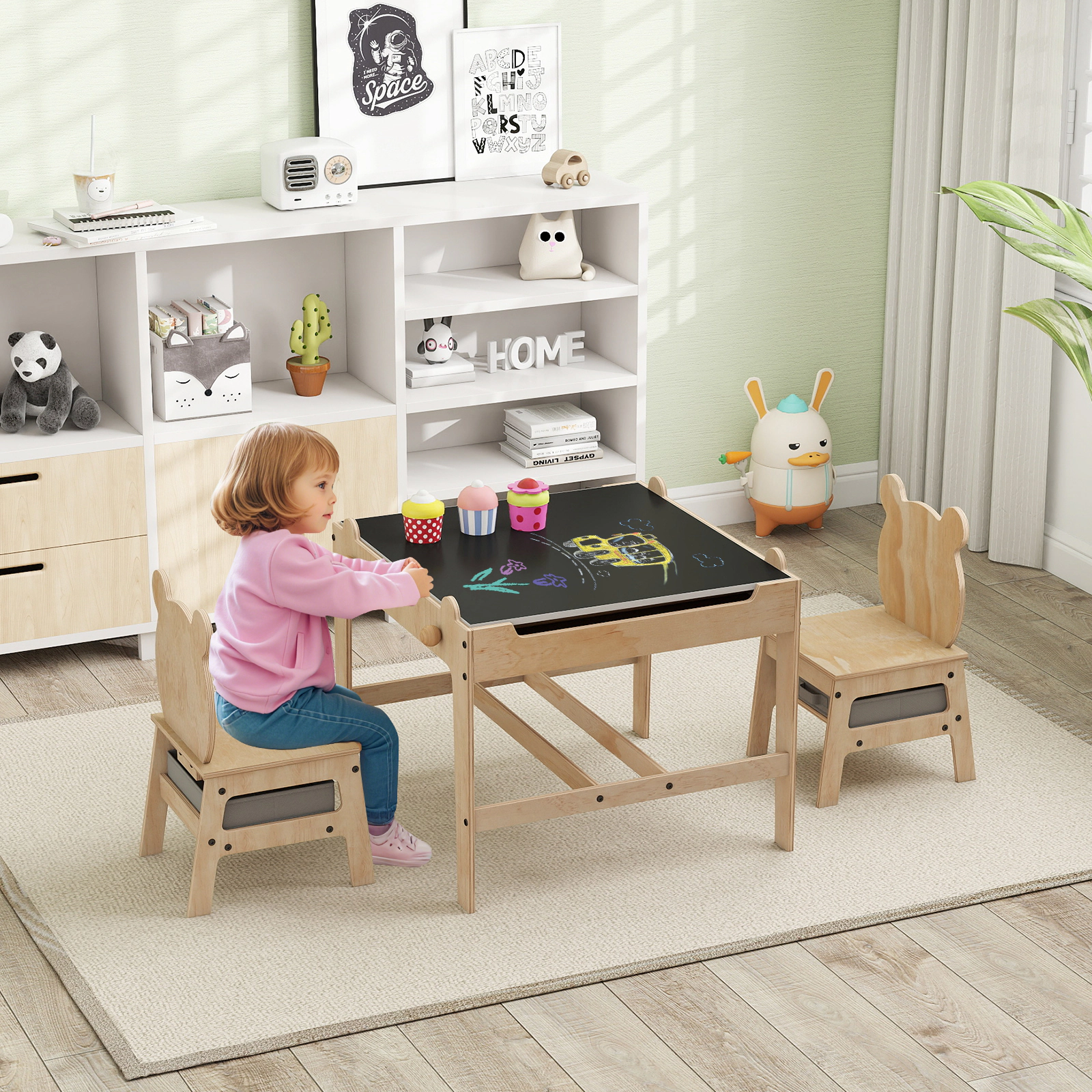 SUGIFT Kids Table and Chairs Set, 4-in-1 Reversible Whiteboard, Panda Chair Backs, 2 Fabric Drawers