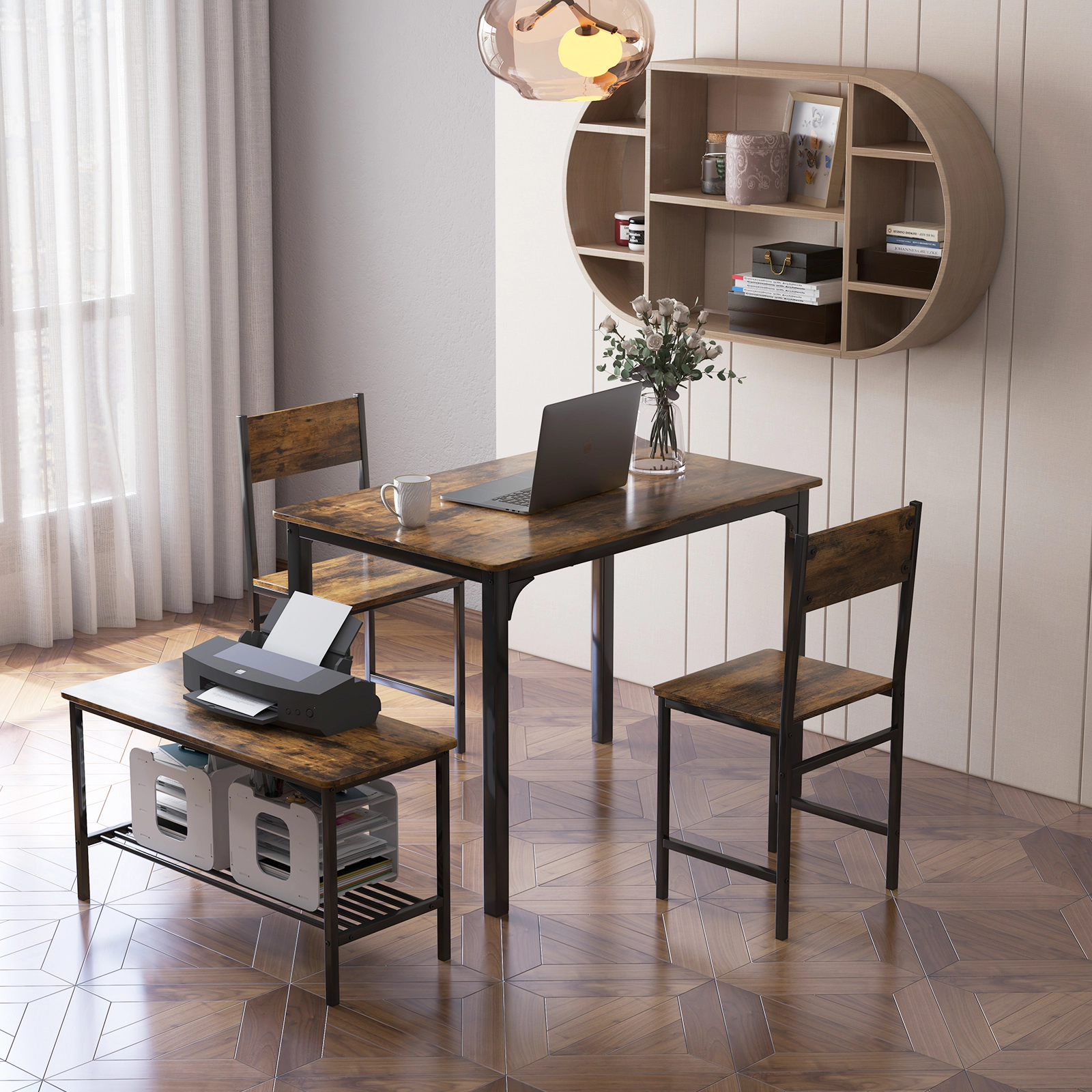 SUGIFT Rustic Brown 2 Chairs Storage Bench and Steel Frame 4-Piece Rustic Dining Table Set