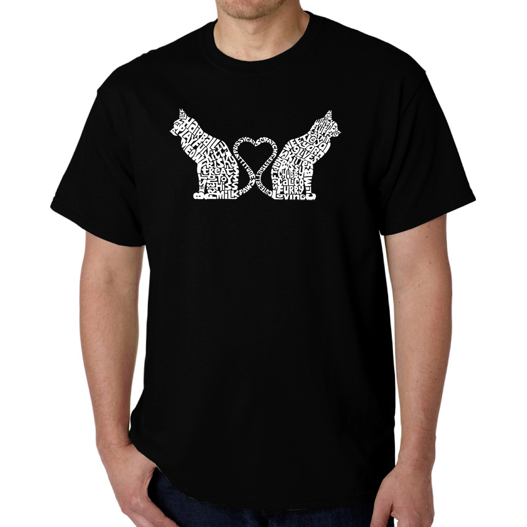 LA Pop Art Men's Cat Tail Hearts Word T-Shirt - 100% Cotton, Crew Neck, Short Sleeve