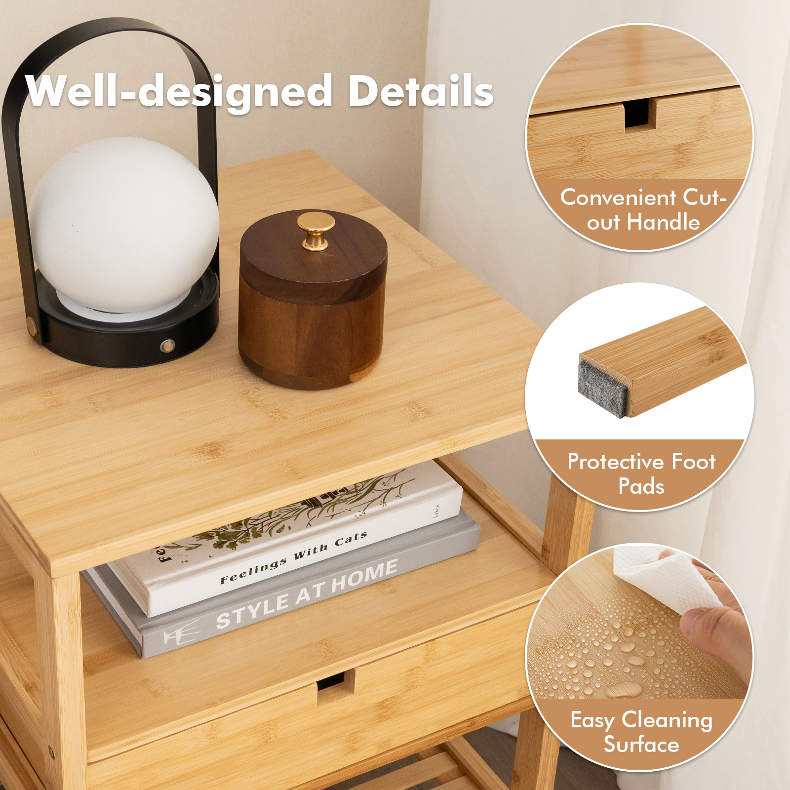Glintex 2-Piece Bamboo Nightstand Set with 2 Slatted Shelves and Privacy Drawer, Natural