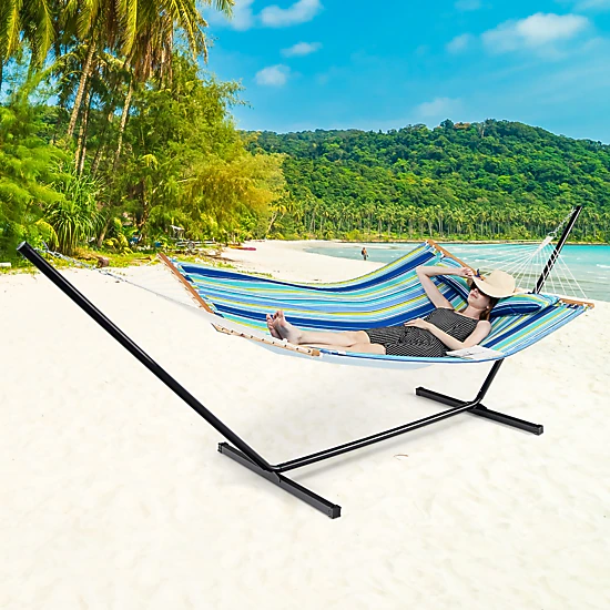 SUGIFT Foldable Portable Patio Hammock Swing Chair Bed 265-lb Capacity Detachable Pillow Light Blue+Yellow/Blue+Green