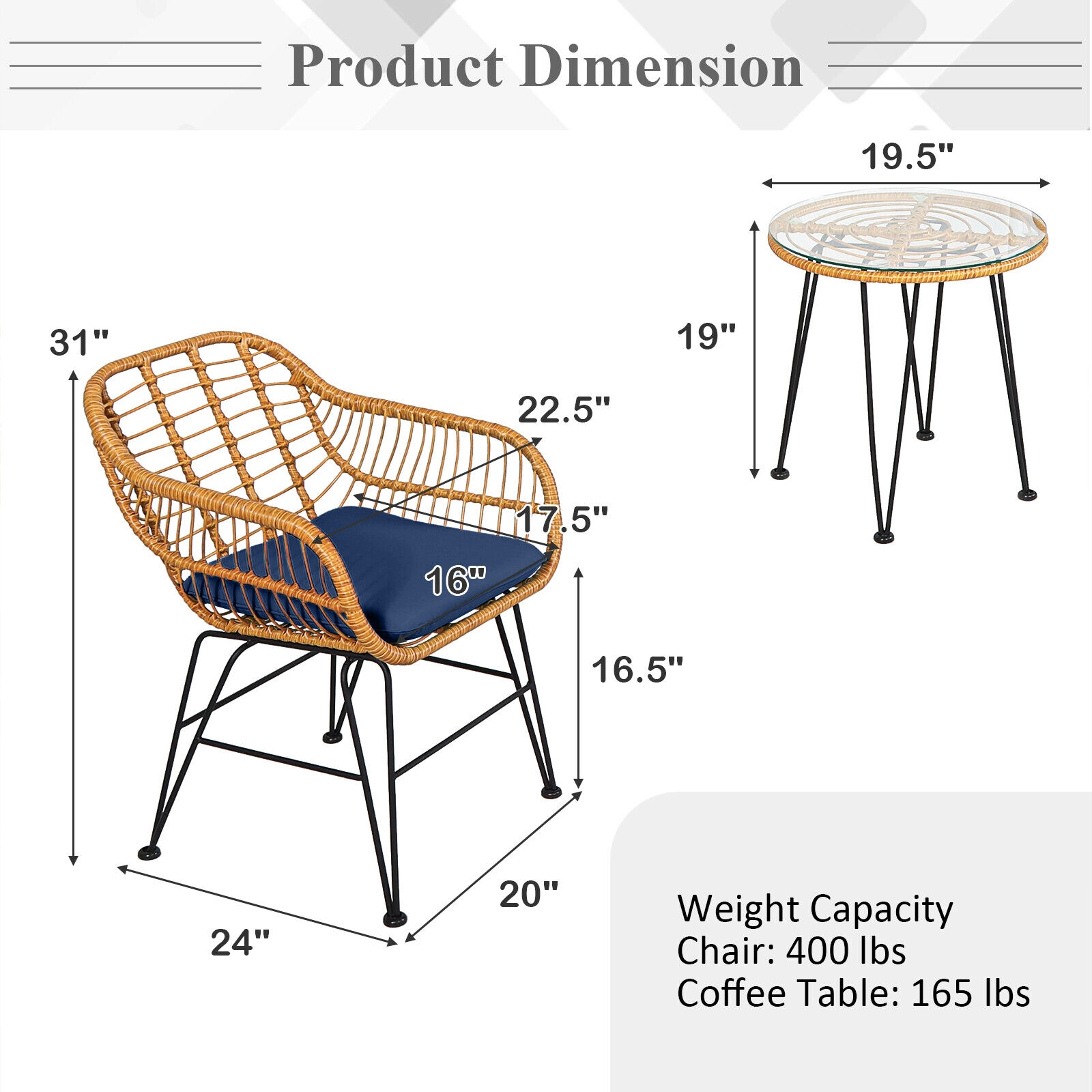SUGIFT 3-Piece Rattan Conversation Set with Cushioned Chairs & Coffee Table 400-Lb Chair Capacity 24-in Chair Width Navy