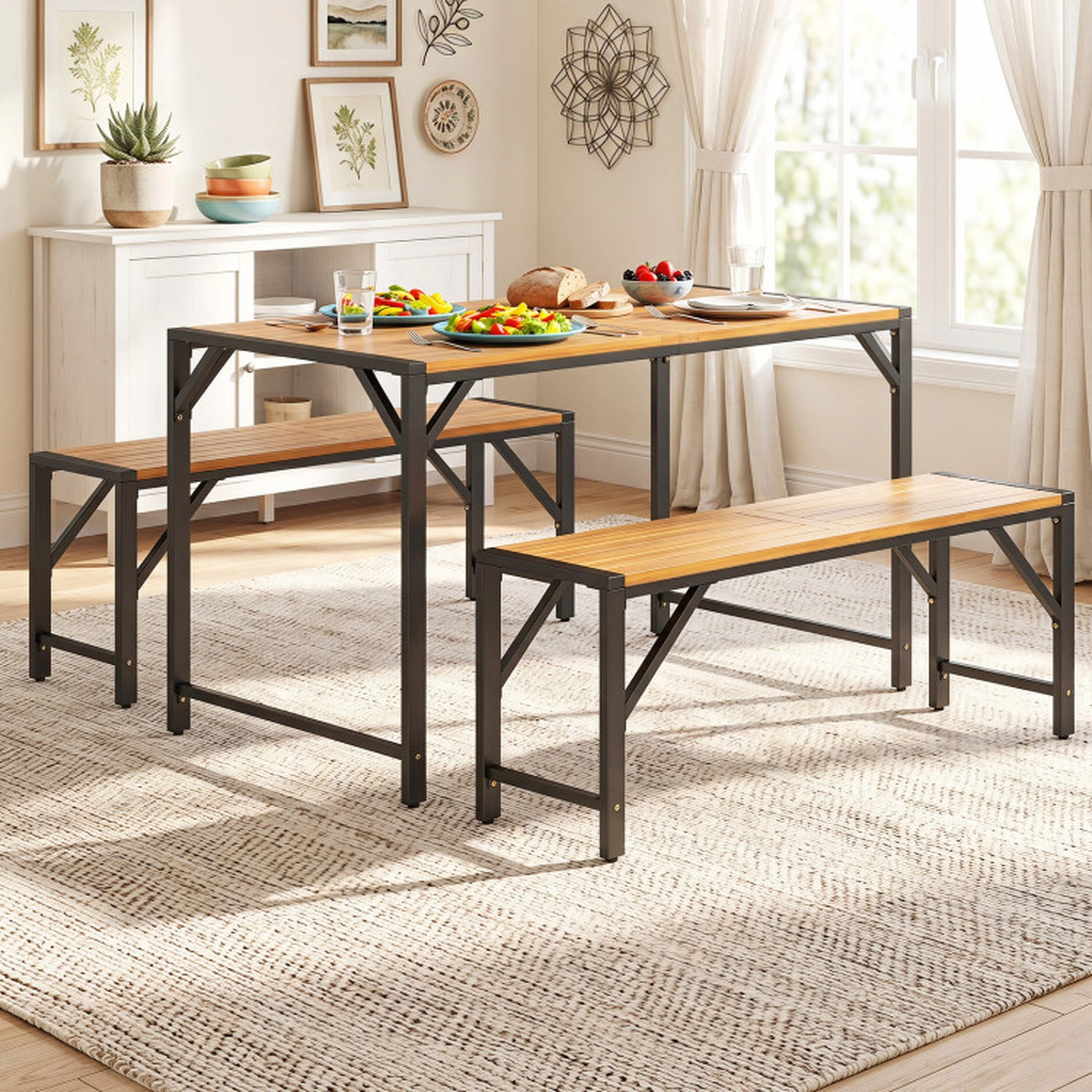 SUGIFT Set of 2 Acacia Wood Outdoor Benches 47.5-in Slatted Seat 800-lb Capacity Natural & Black