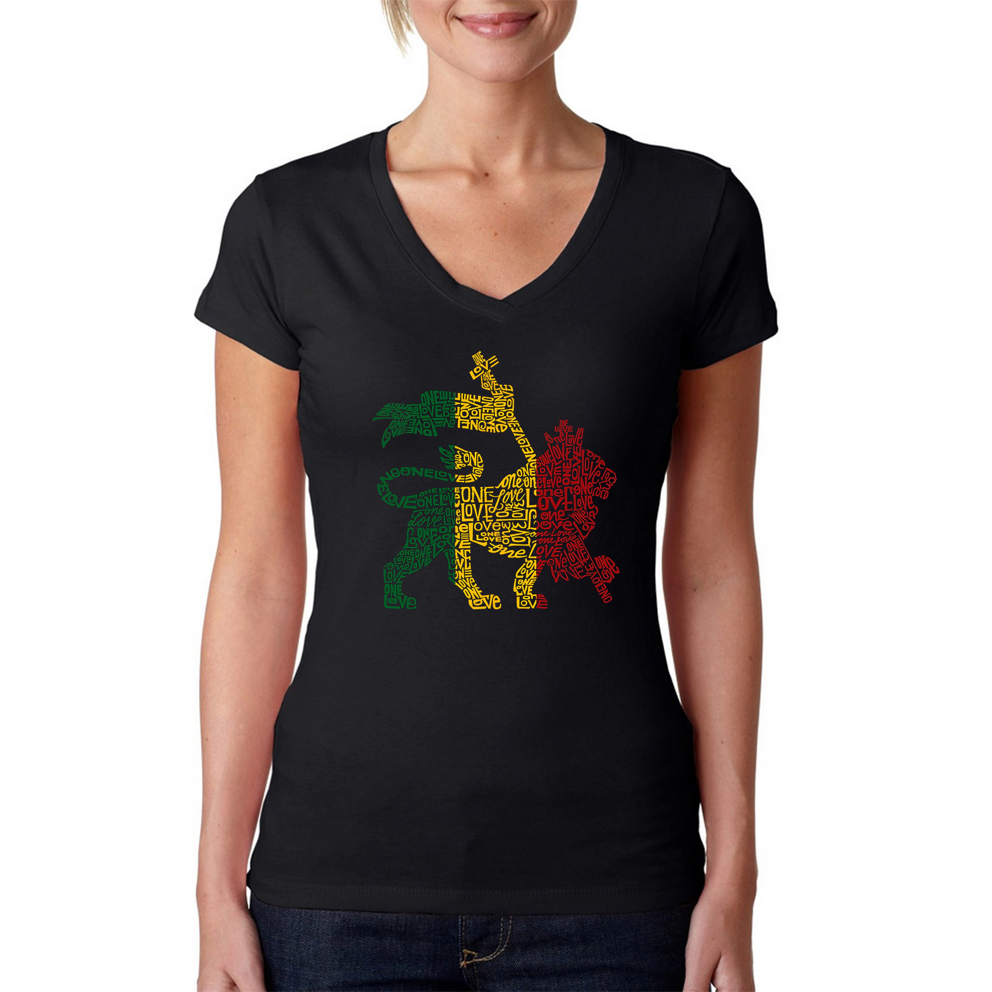 LA Pop Art Womens Word V-Neck T-Shirt - Rasta Lion One Love