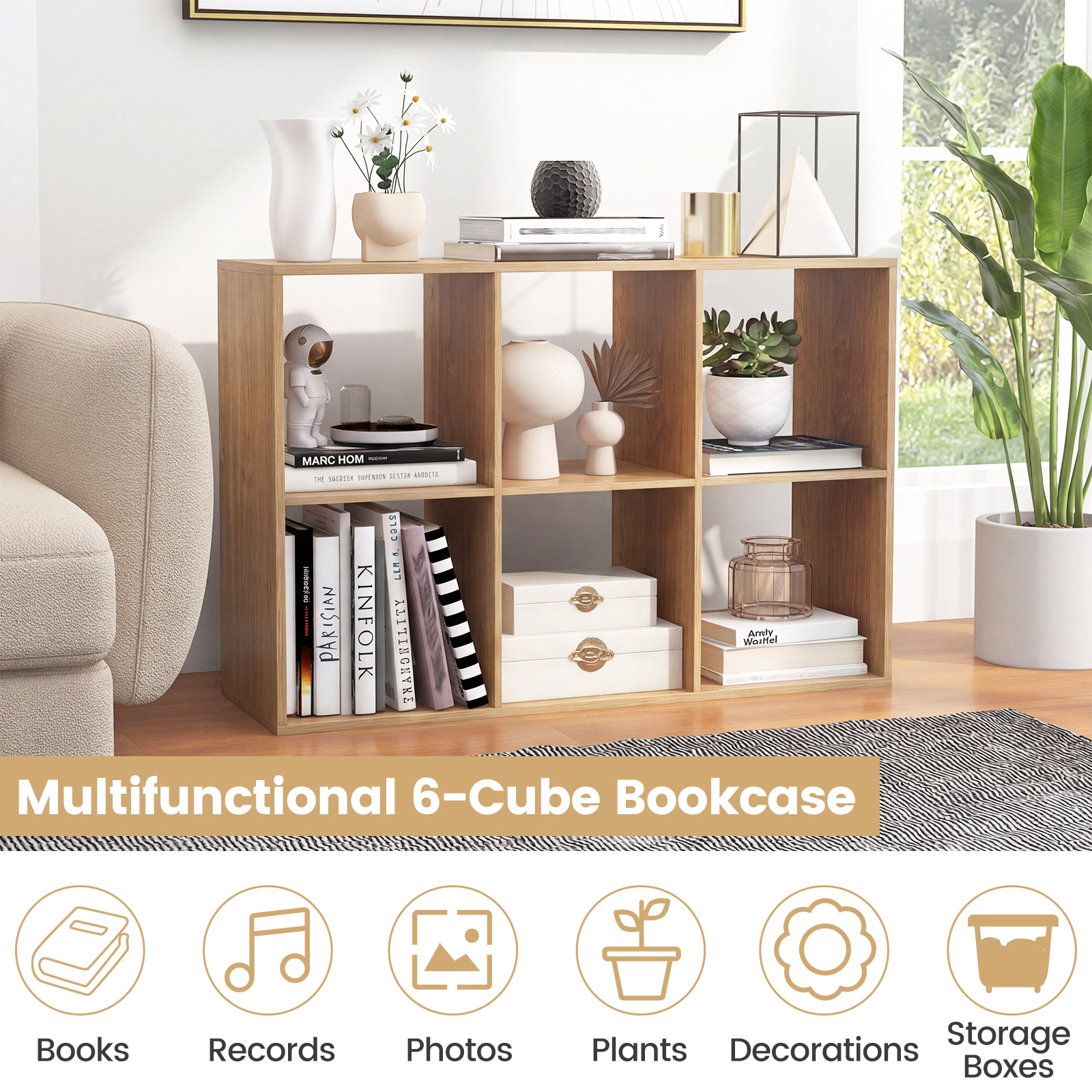 SUGIFT 6-Cube Bookshelf with Back Guardrail 154-lb Tabletop Capacity 44-lb Cube Capacity Natural