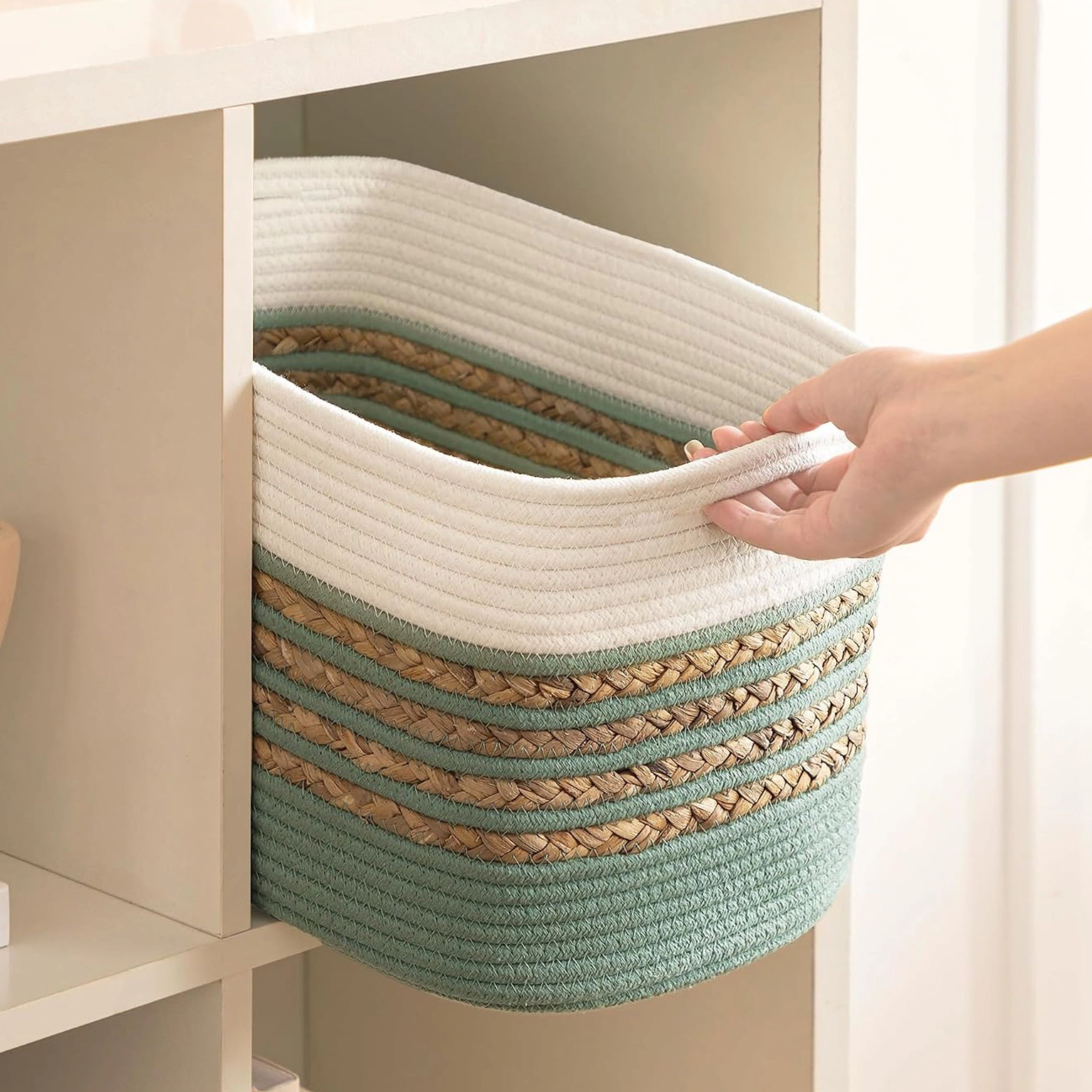 Stock Preferred Pack of 4 Rectangle Cotton Rope Storage Baskets with Handles 14 Inch