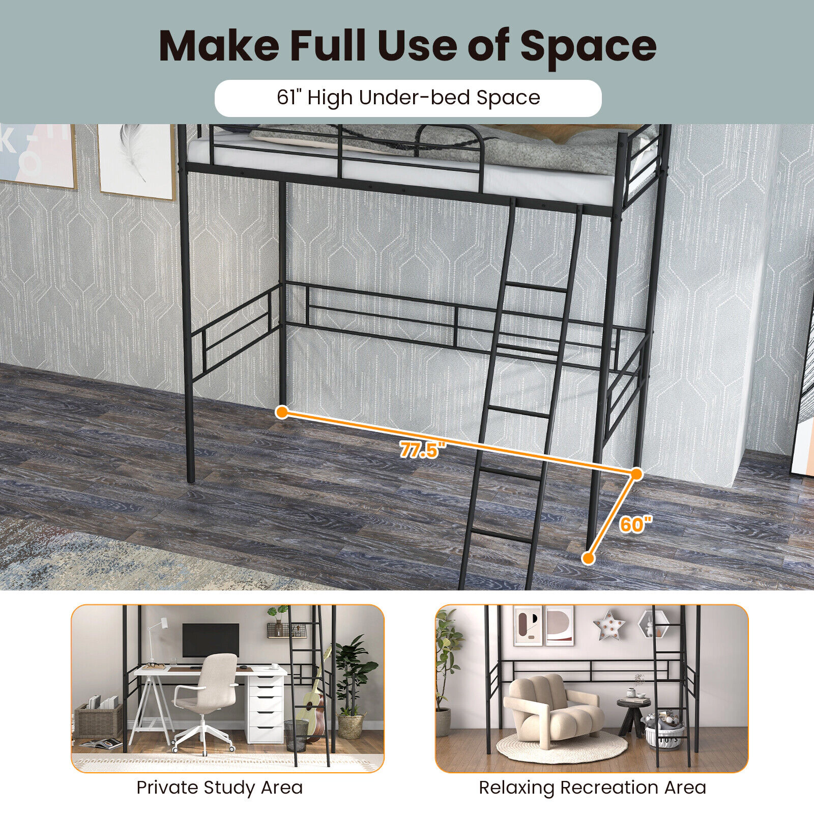 SUGIFT Metal Twin Loft Bed Frame with Guardrail and Ladder 330-lb Capacity Twin Size Black