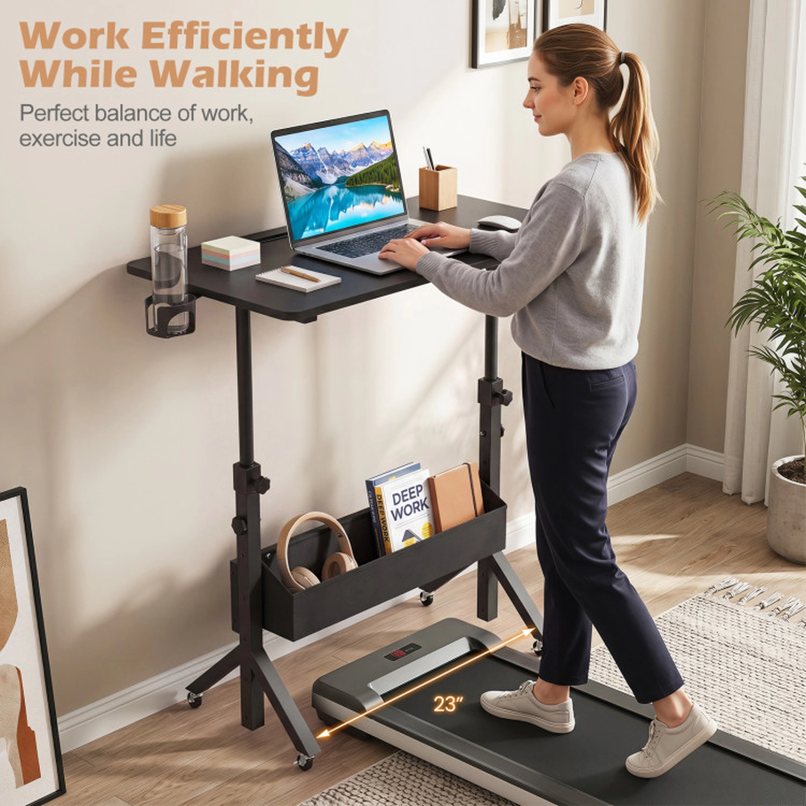 SUGIFT Black Rolling Standing Desk with Treadmill Laptop Workstation, Cup Holder, Basket and Locking Wheels