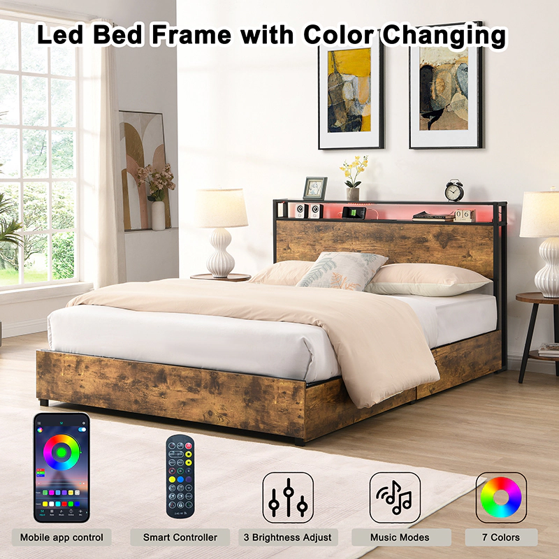 Flynama Full Bed Frame with Storage Headboard & Charging Station, Noise Free, Easy Assembly