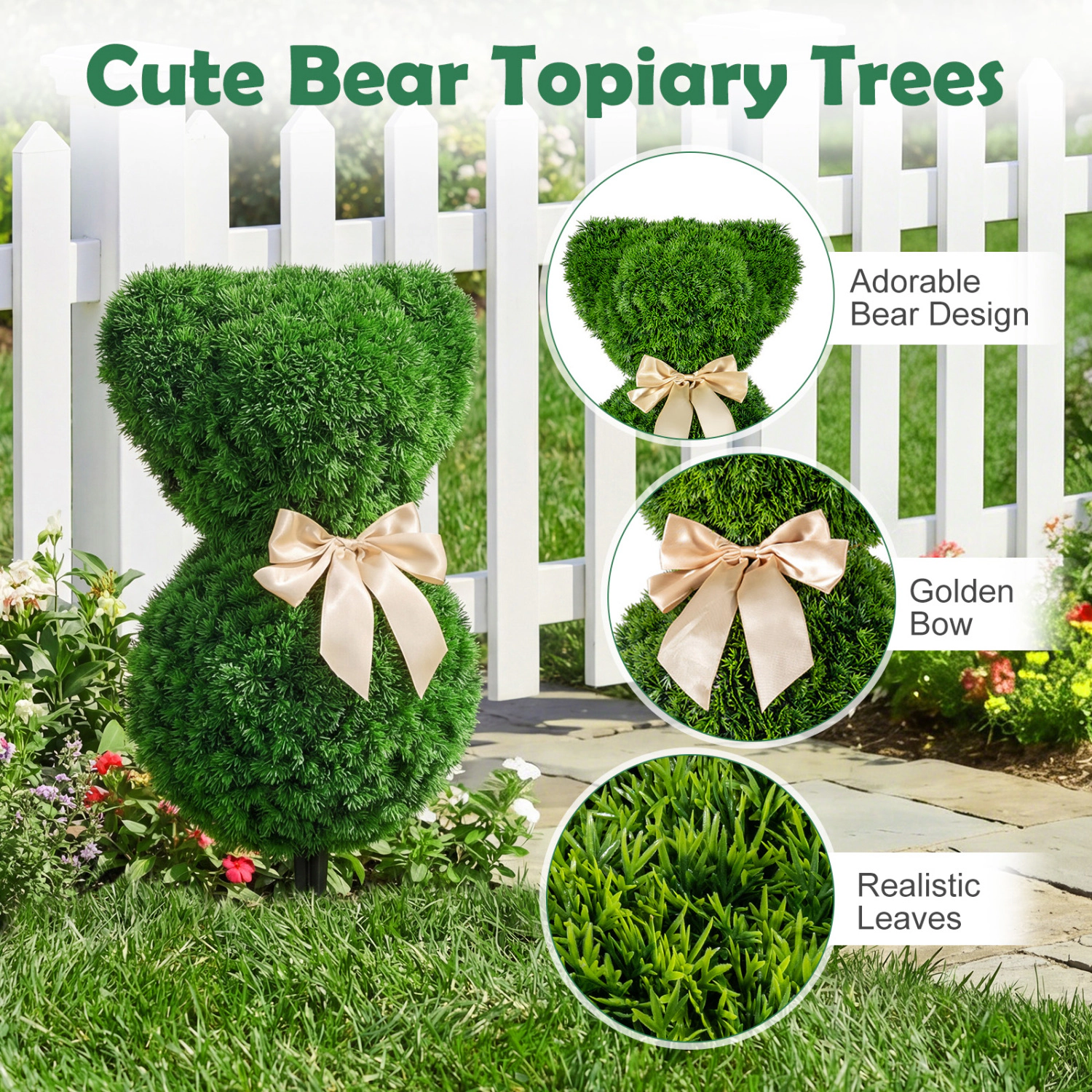 Slickblue Set of 2 Teddy Bear Topiary Trees Boxwood Style with Ground Spikes