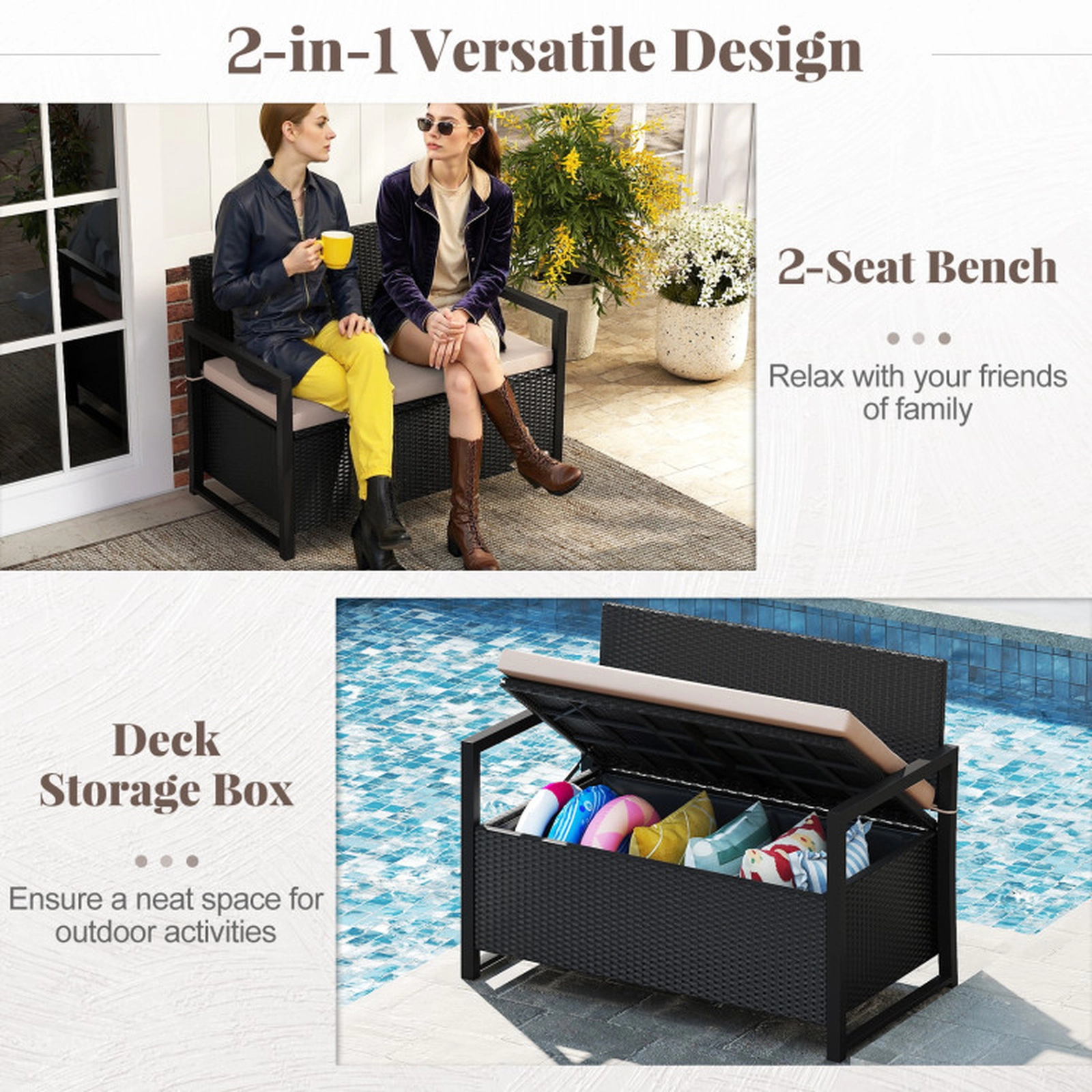 SUGIFT Patio Storage Bench Wicker Loveseat with Under-Seat Storage 800-lb Capacity Mix Brown/Mix Gray