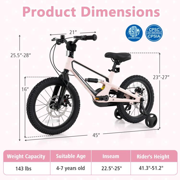 SUGIFT Lightweight 16-in Kids Bicycle with Dual Disc Brakes and Detachable Training Wheels 145-lb Capacity Ages 4-7 Pink