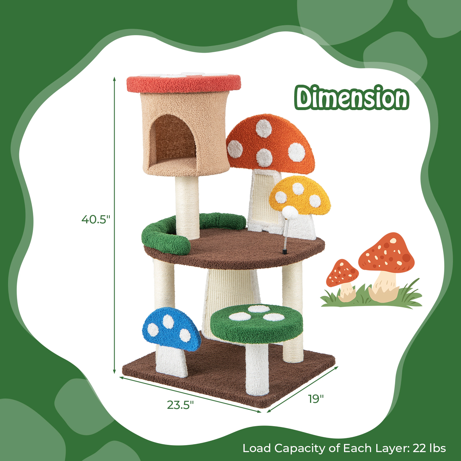 SUGIFT 4-in-1 Mushroom Cat Tree with Condo, Spring Ball and Sisal Posts 40.5-in Tall 22-lb Capacity Multicolor