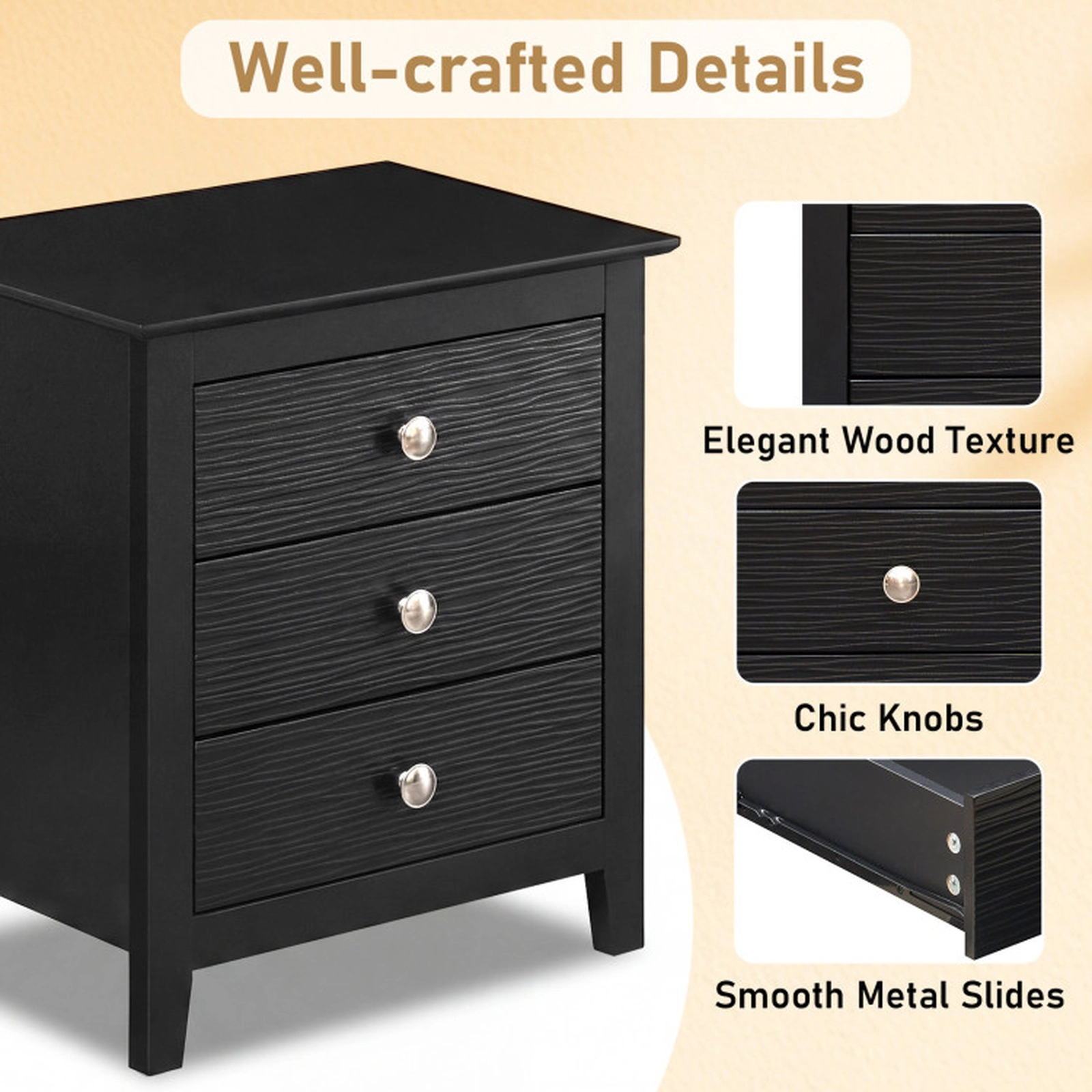 SUGIFT Modern Farmhouse 3-Drawer Nightstand, Black MDF with Wood Grain Accents