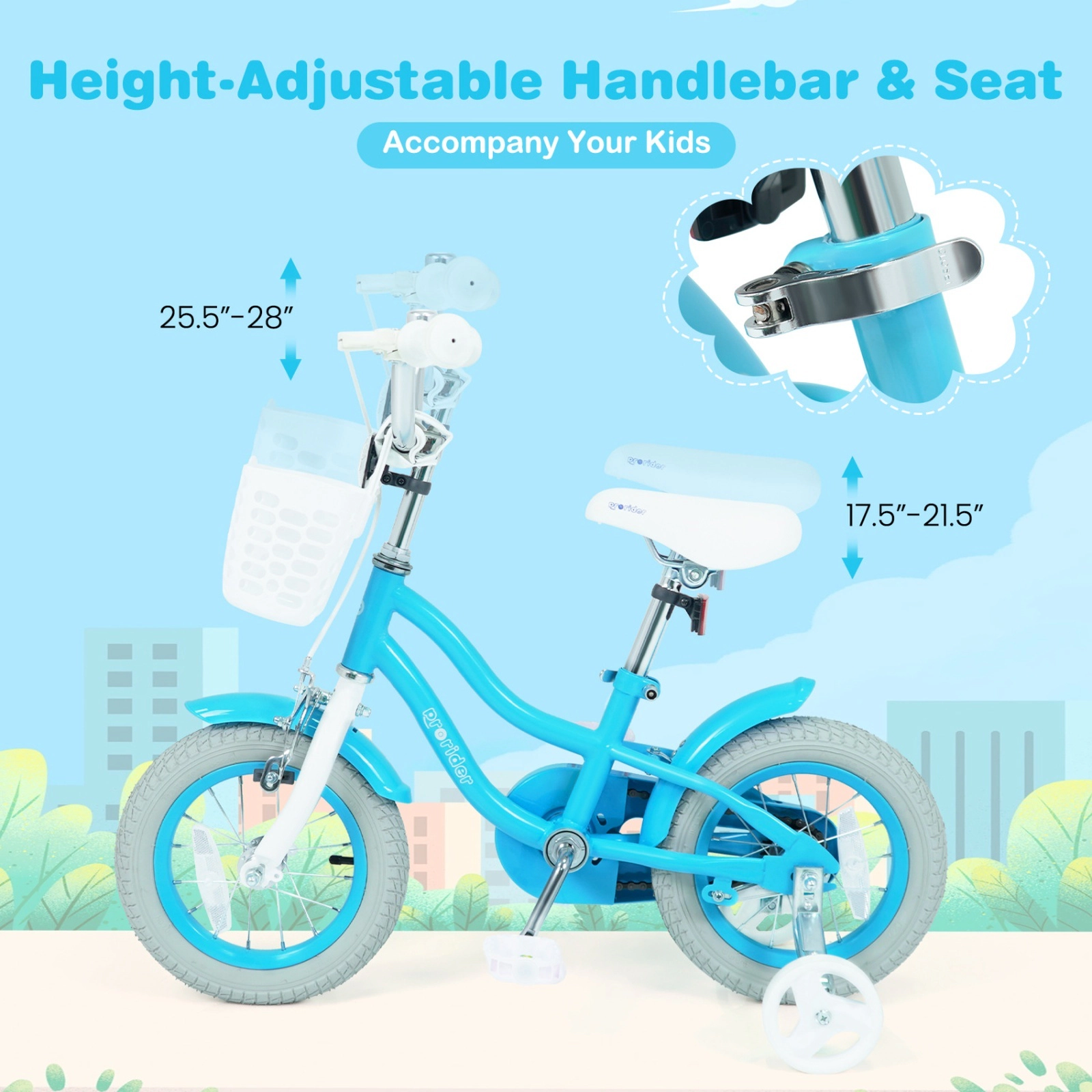 12-in Kids Bike Dual Brakes Ages 3-4 Blue Bicycle Training Wheels Removable Basket 110-lb Seat Capacity
