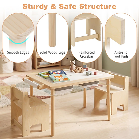 SUGIFT Kids Sensory Activity Table and 2-Chair Set, Adjustable Height, Natural Wood