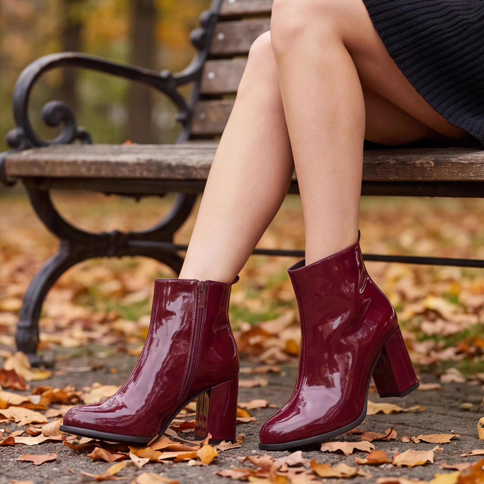 BLISSFUL STEP Women Patent Leather Round Toe Zipper Chunky Heels Ankle Boots