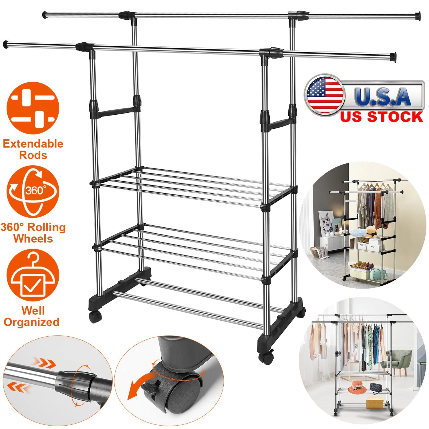 GBruno Extendable Rolling Garment Rack With Wheels