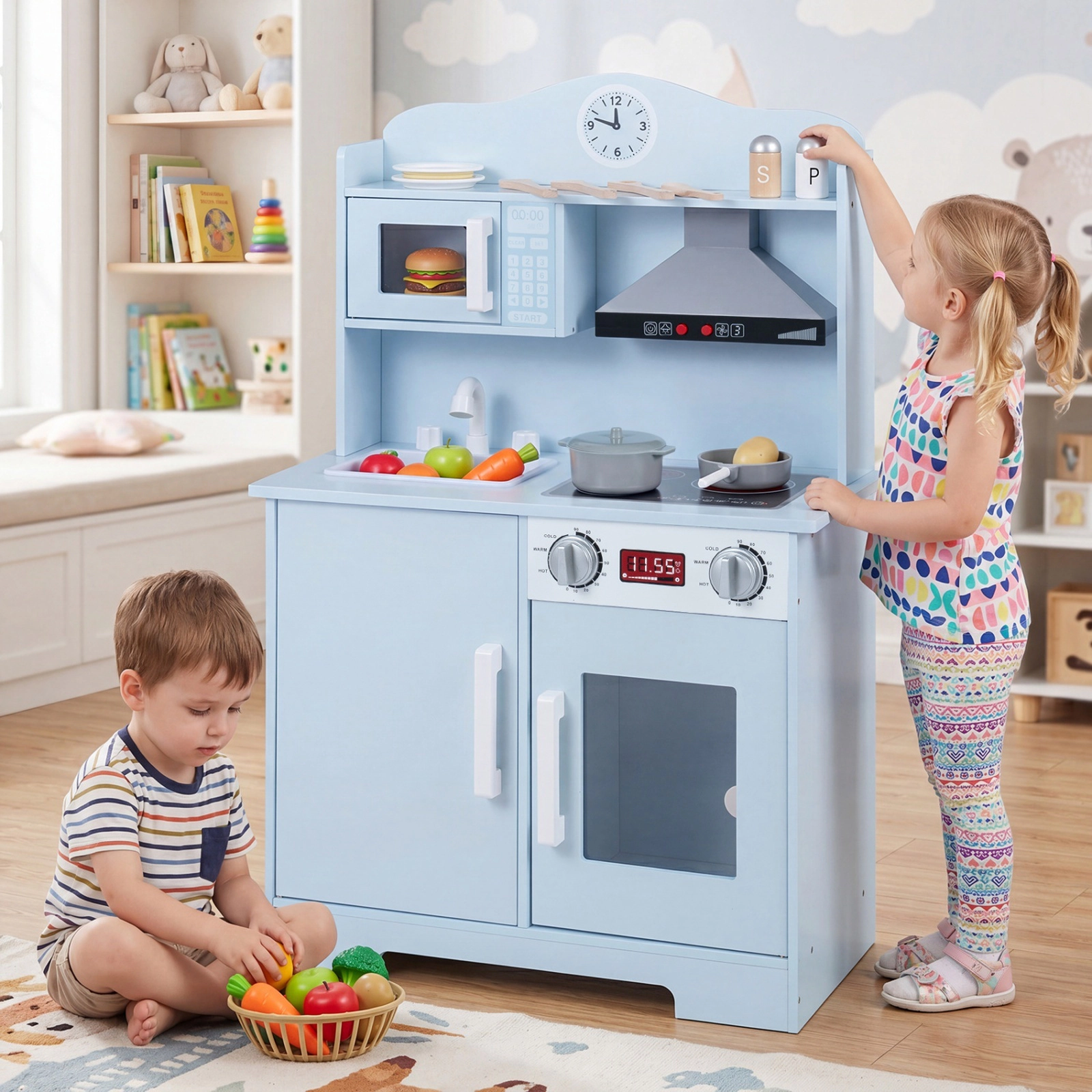 Wooden Play Kitchen for Kids with Range Hood Microwave Large Oven and Anti-Tip Device 24-in x 12-in x 36-in Blue