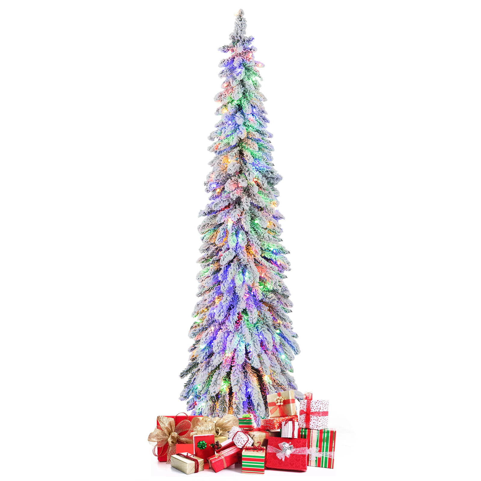 SUGIFT 6-ft Snow Flocked Slim Pencil Pre-Lit Christmas Tree with 407 Branch Tips and 250 LED Lights