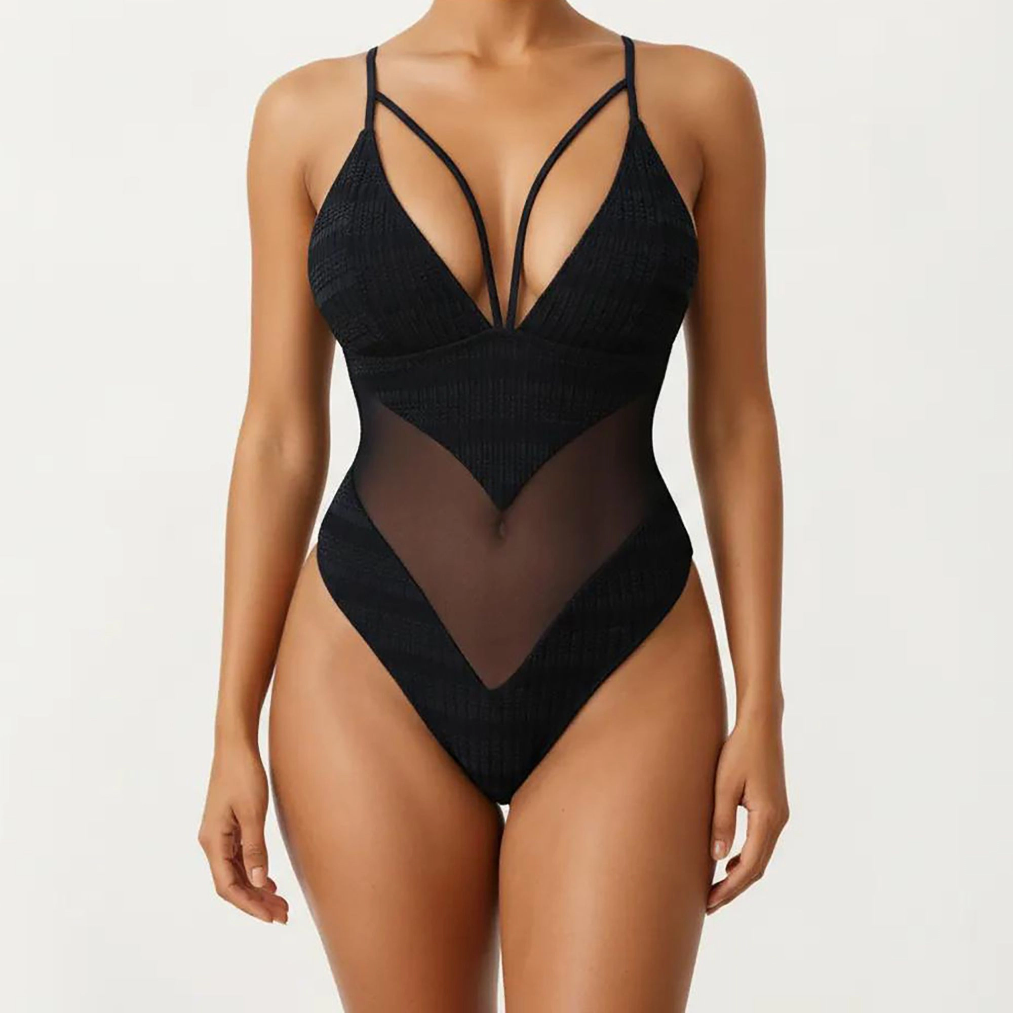 Anna-Kaci Women Plunge One Piece Swimsuit - Sheer Mesh Panel, High-Cut Leg, Strappy Neckline