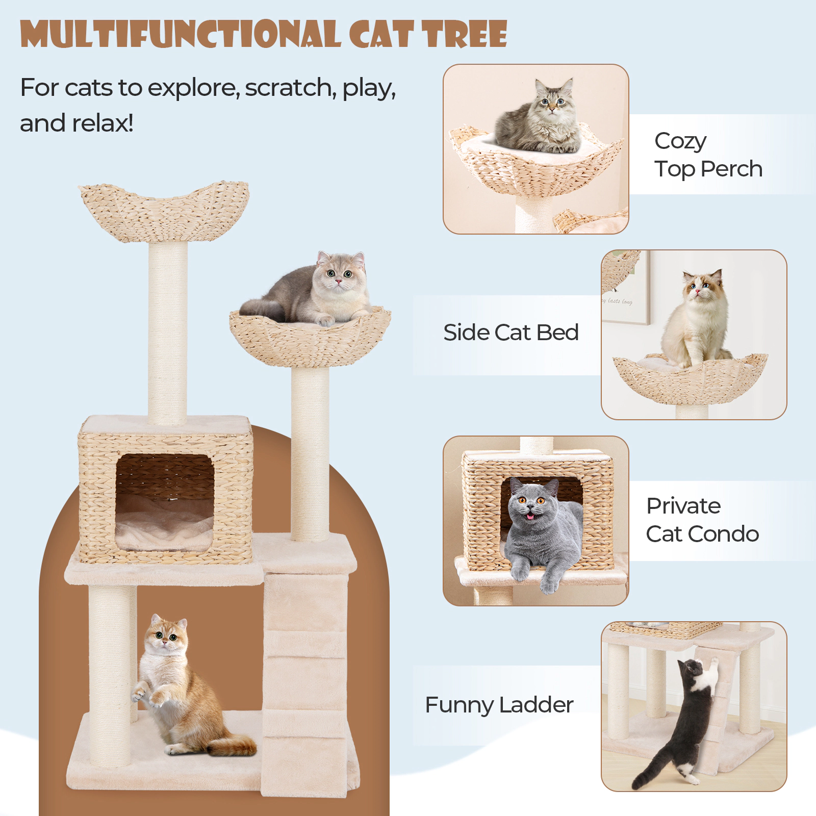 Glintex 48-Inch Cattail Cat Tower with Side Cat Bed and Sisal Scratching Posts, Beige