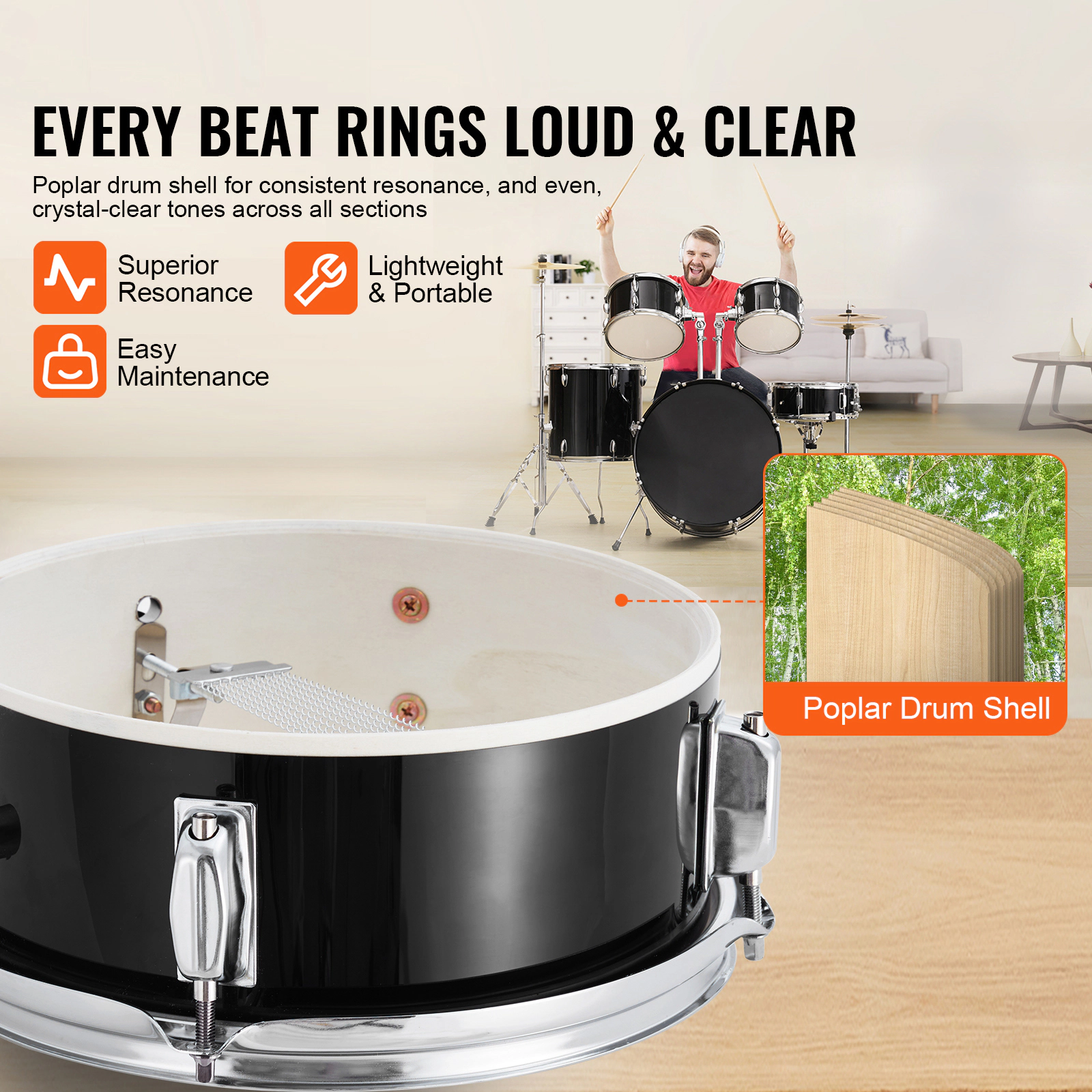 HONGGE Adult Drum Set 5-Piece 22 inches Complete Full Size Drum Kit with Bass Toms Snare Floor Drum Adjustable Throne
