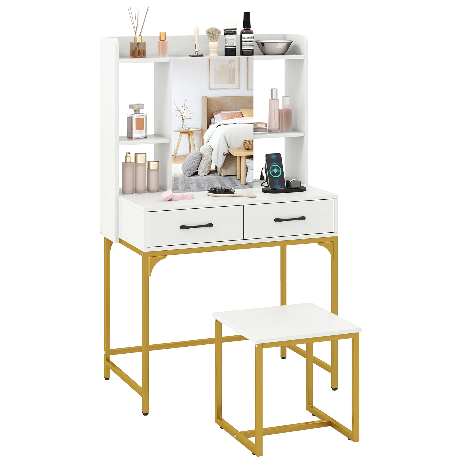 SUGIFT White Vanity Desk with Mirror, Storage Cabinet, Charging Station and Stool