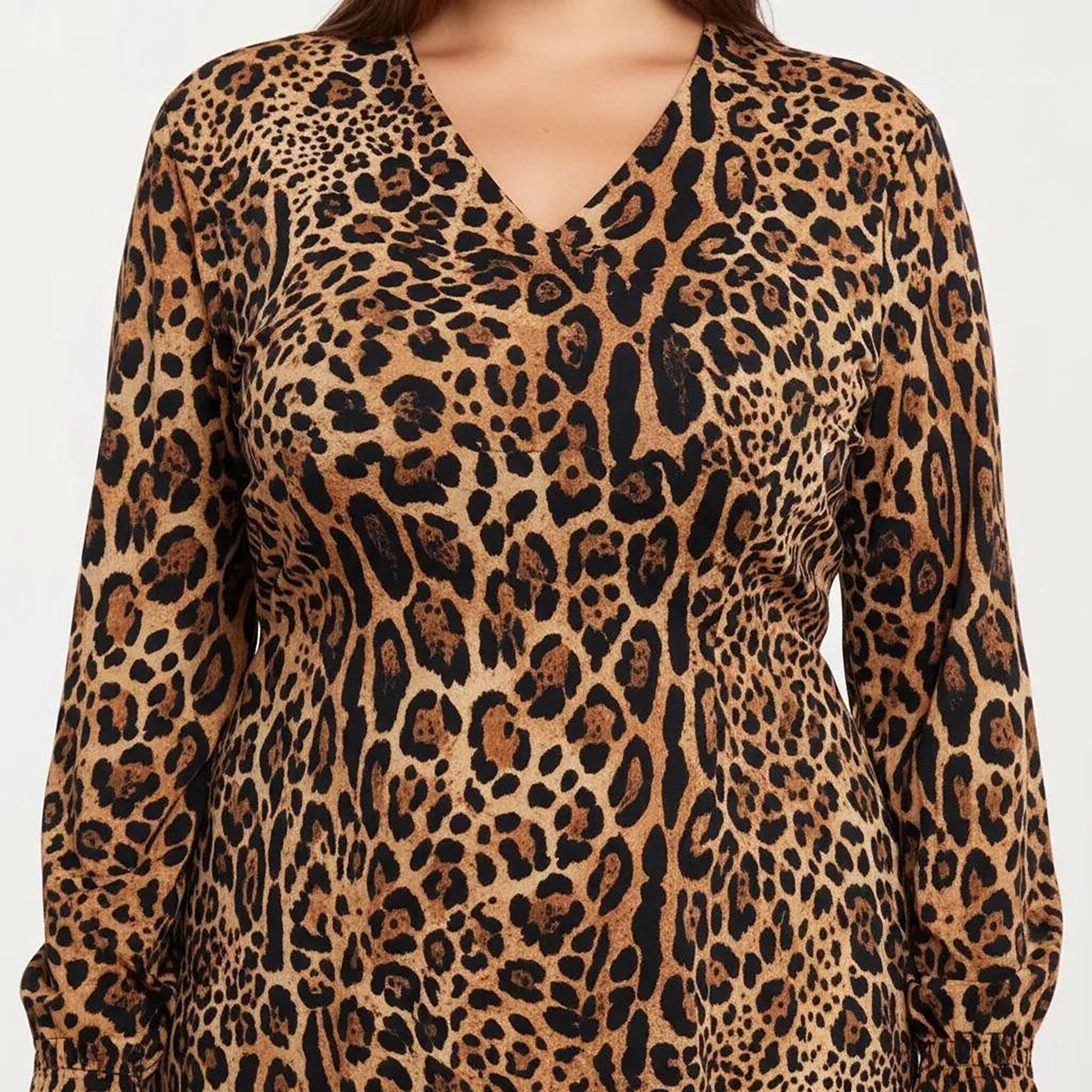 Anna-Kaci Women's Plus Leopard Print Long Sleeve V Neck Flattering Straight Silhouette Knit Dress