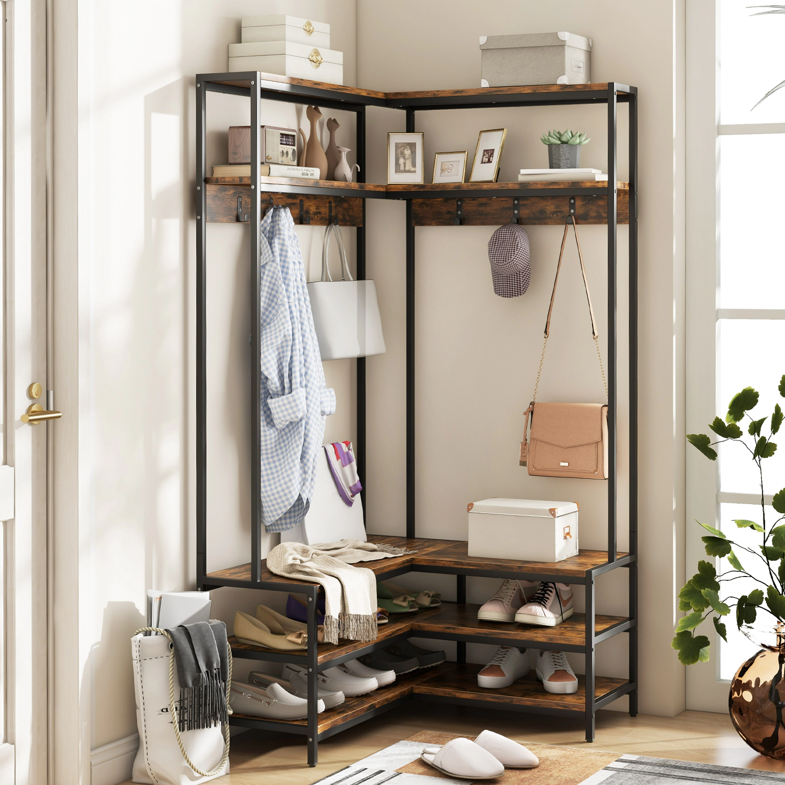 SUGIFT L-Shaped Open Shelves 7 Hooks Corner Garment Rack 35.5-in x 35.5-in x 70-in 200-lb Capacity Rustic Brown