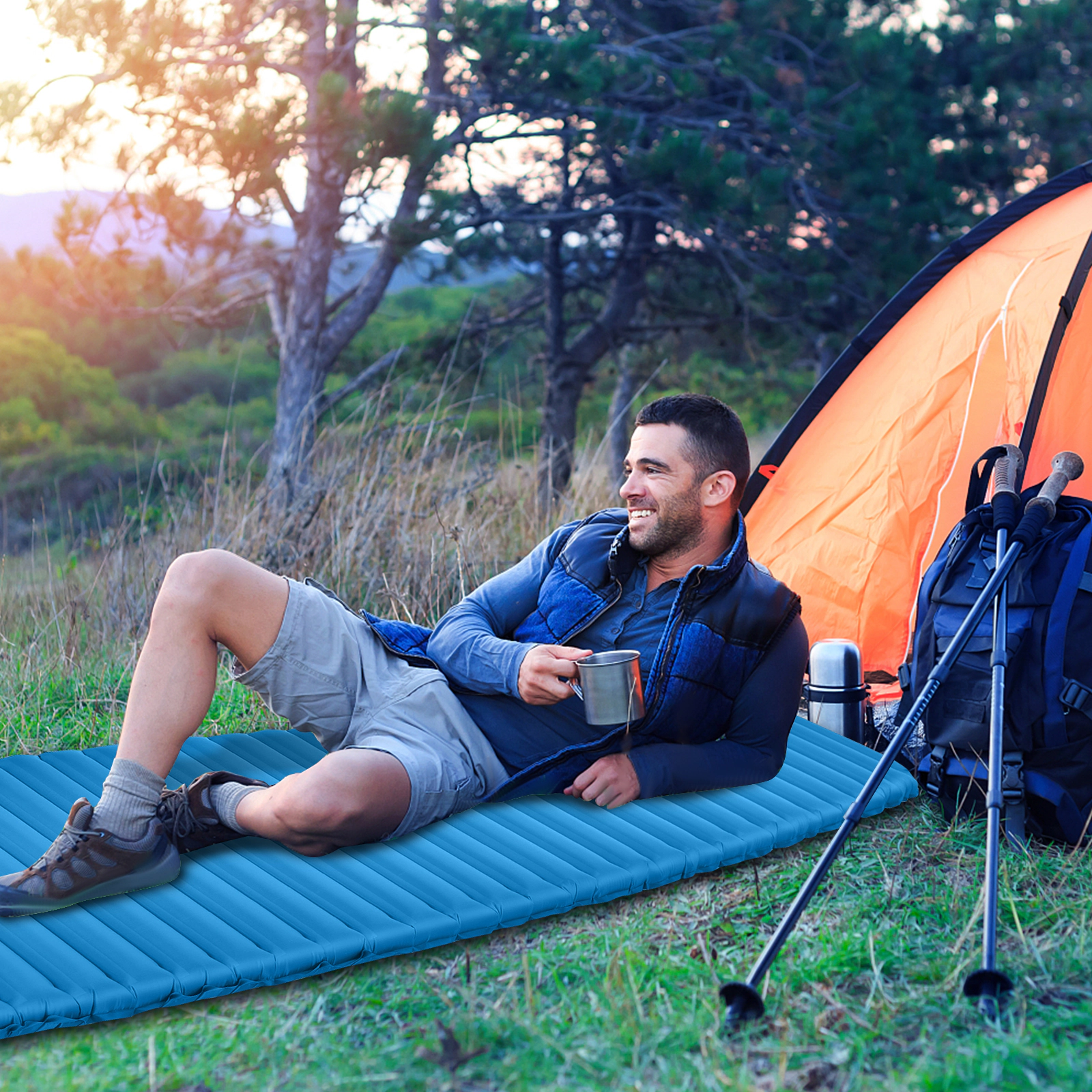 SUGIFT 3-Inch Thick Inflatable Camping Air Mattress Sleeping Pad 77.6-in Long 1.4-lb Net Weight 220-lb Capacity Blue