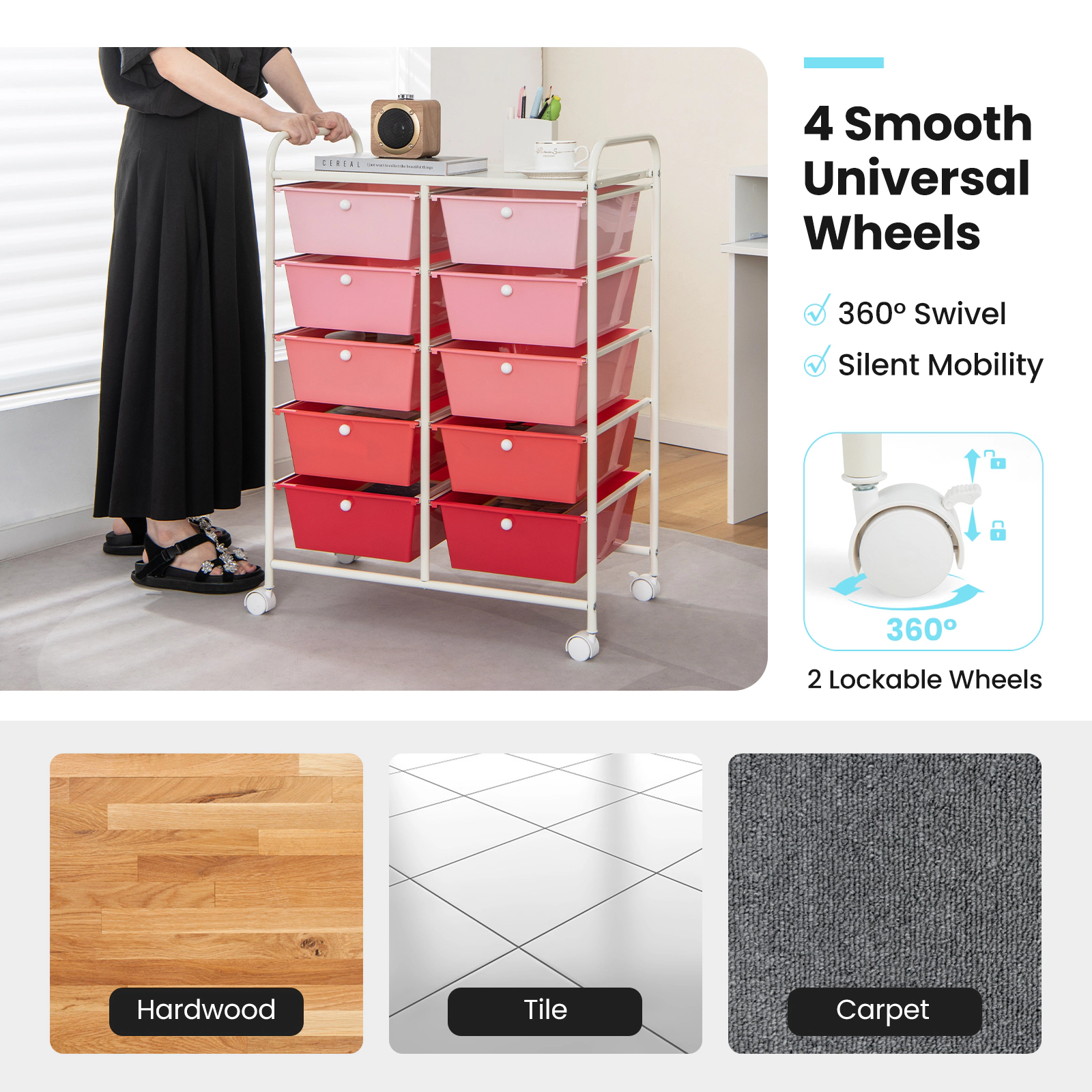 SUGIFT 10-Drawer Rolling Storage Cart with Mesh Top Platform 22-lb Top Capacity Gradient Pink As Picture Shown