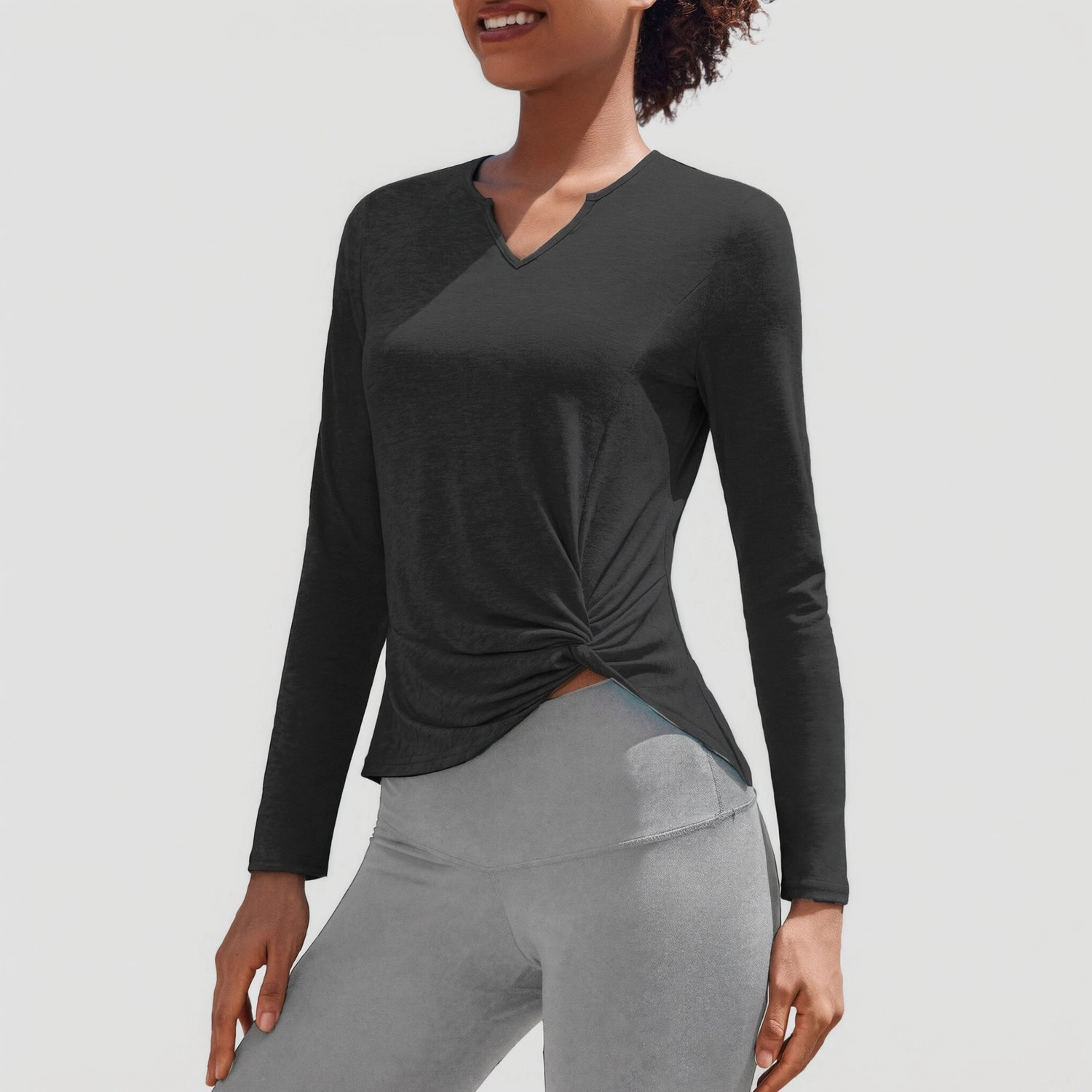 Pinspark Womens Solid Long Sleeve Tops Fall V Neck Twist Front Casual Slim T-Shirts