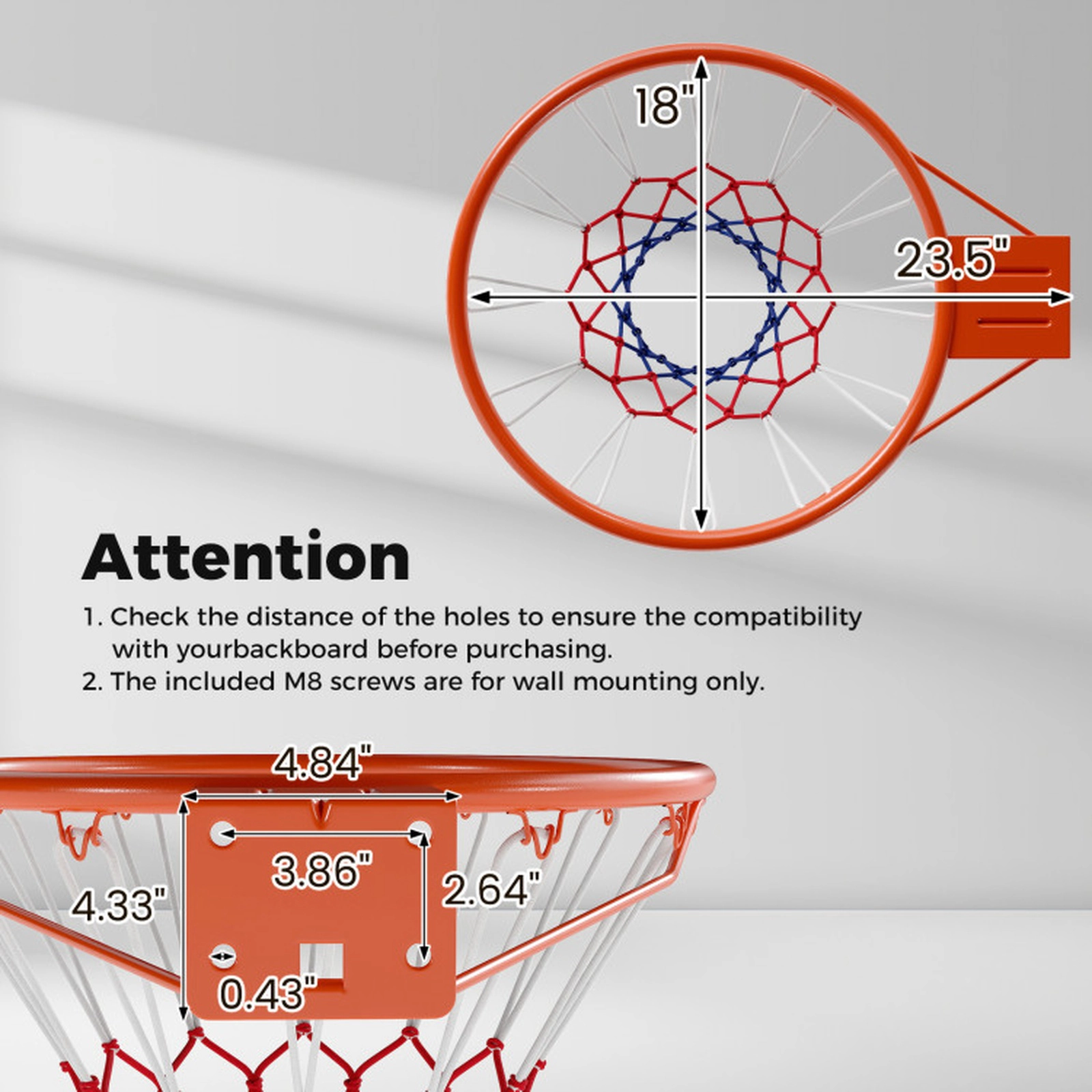 SUGIFT Heavy Duty Wall Mounted Basketball Rim Goal Replacement 18-in Inner Diameter Rim Black/Orange