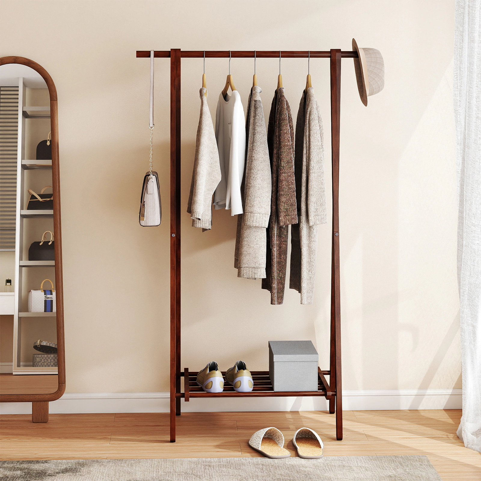 SUGIFT Folding Rubber Wood Clothes Rack Walnut with Bottom Storage Shelf