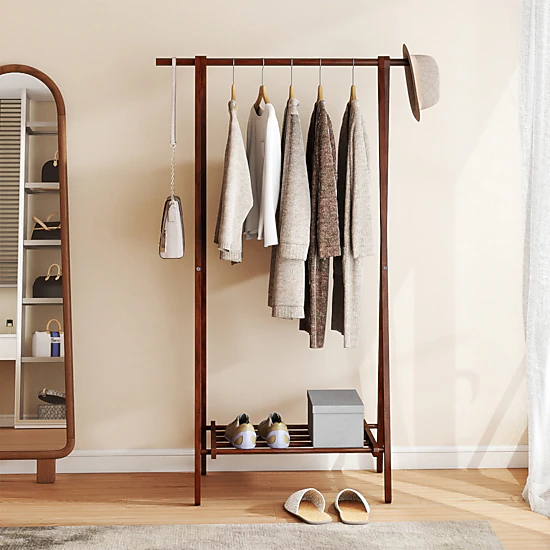 SUGIFT Folding Rubber Wood Clothes Rack Walnut with Bottom Storage Shelf