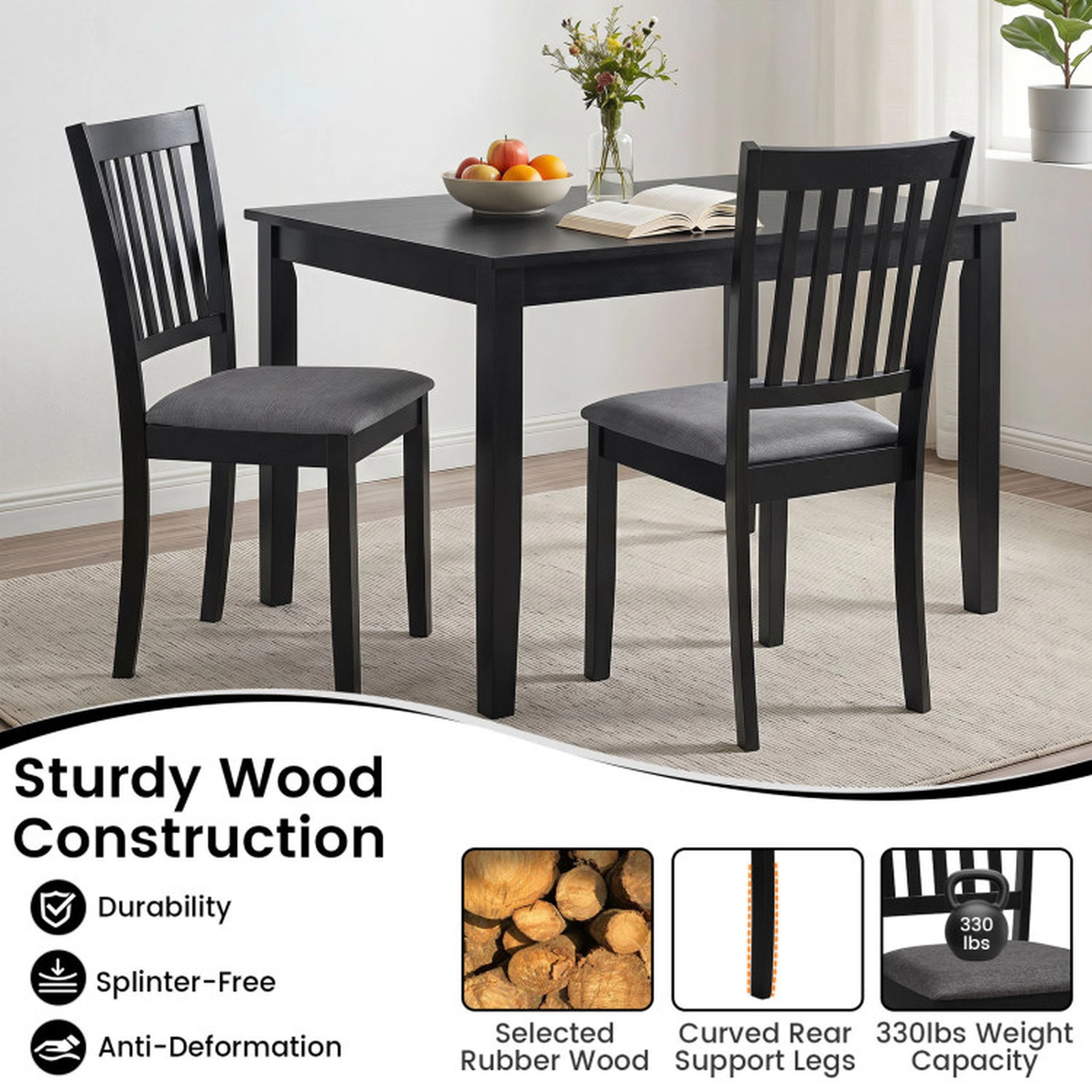 SUGIFT Black Wooden Upholstered Padded Seat and Rubber Wood Frame Set of 4 Dining Chairs
