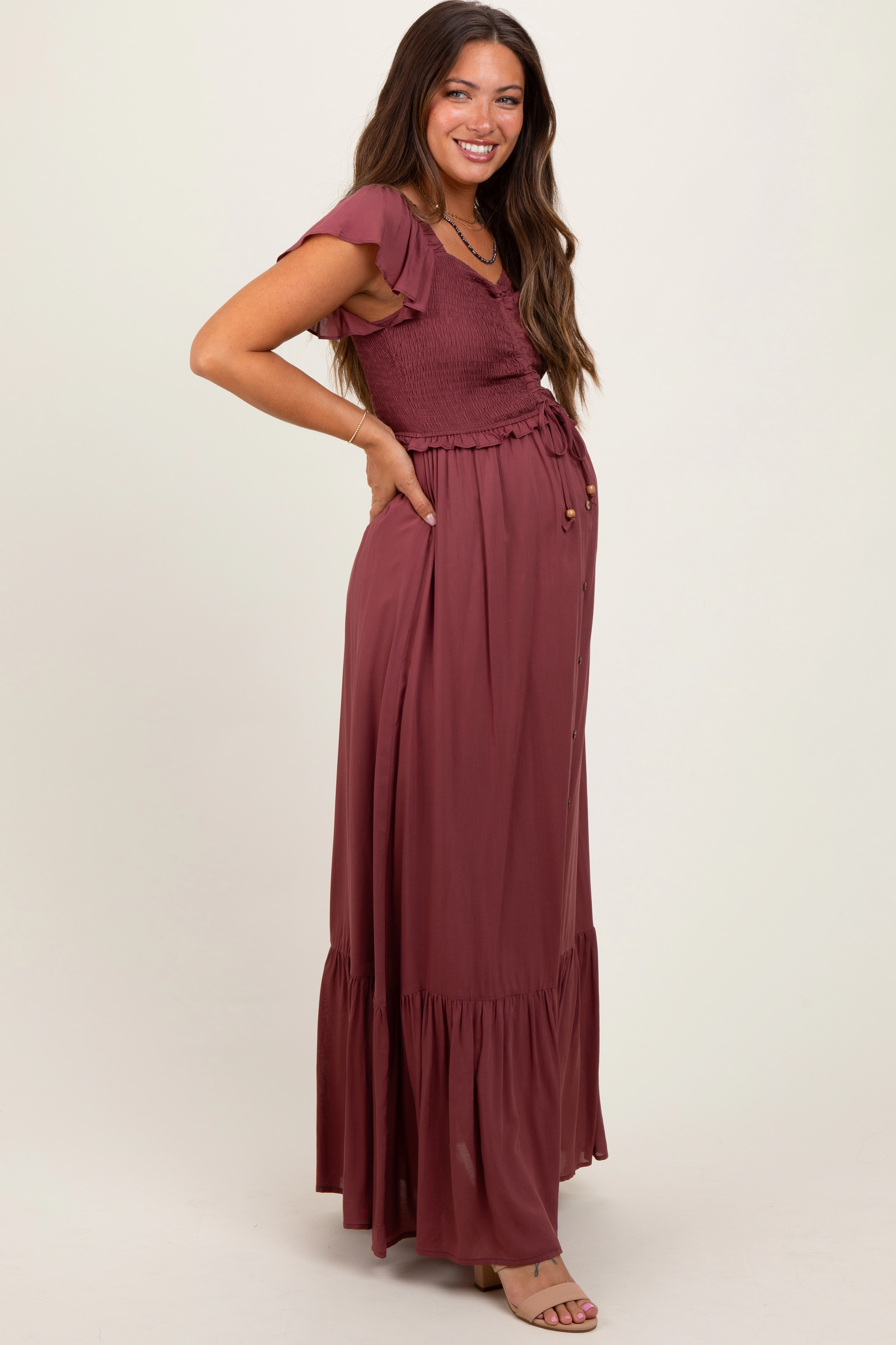 PinkBlush Womens Burgundy Smocked Top Woven Maternity Maxi Dress