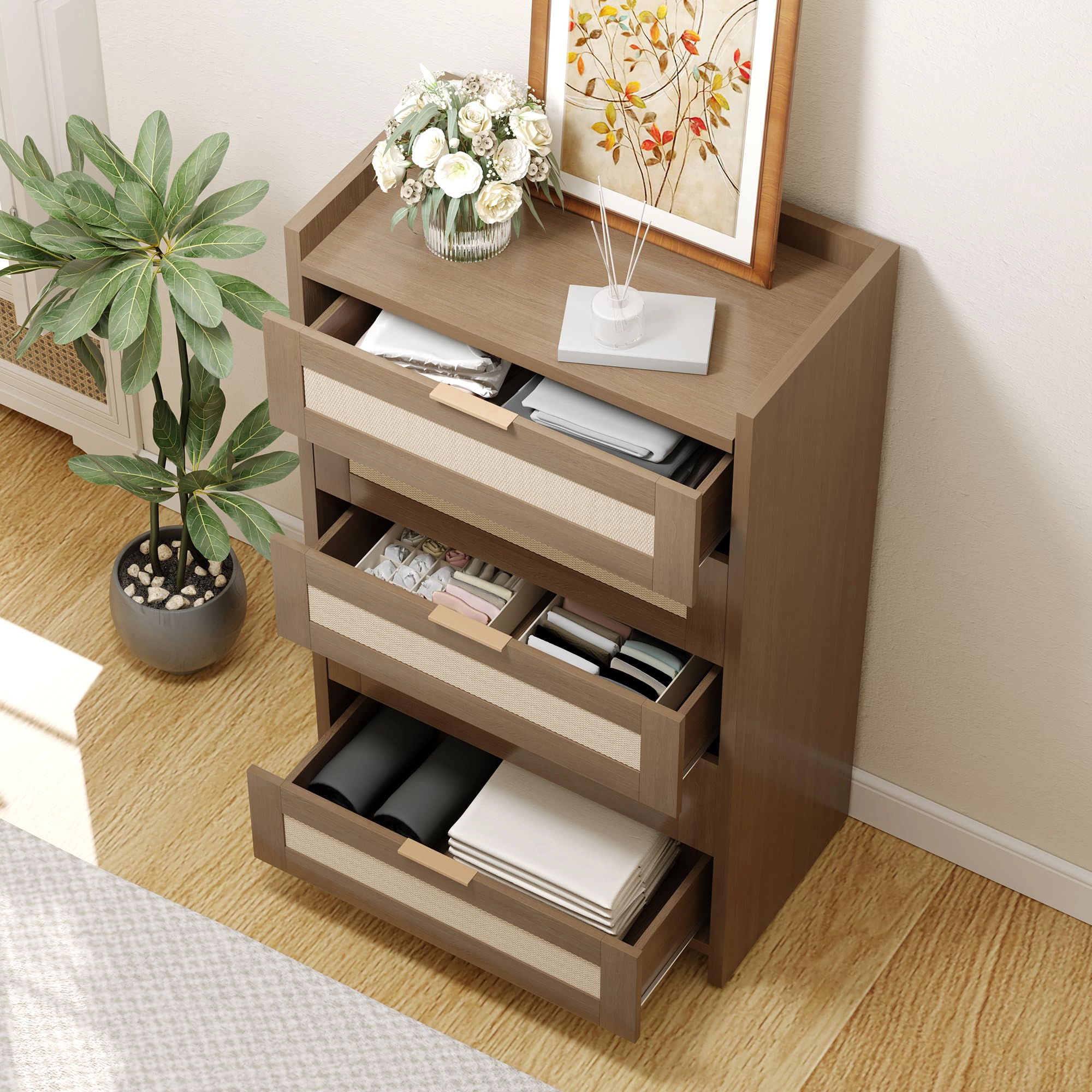 Rattan 5 Drawer Dresser, 46" Tall Wooden Chest with Metal Handles for Bedroom, Living Room