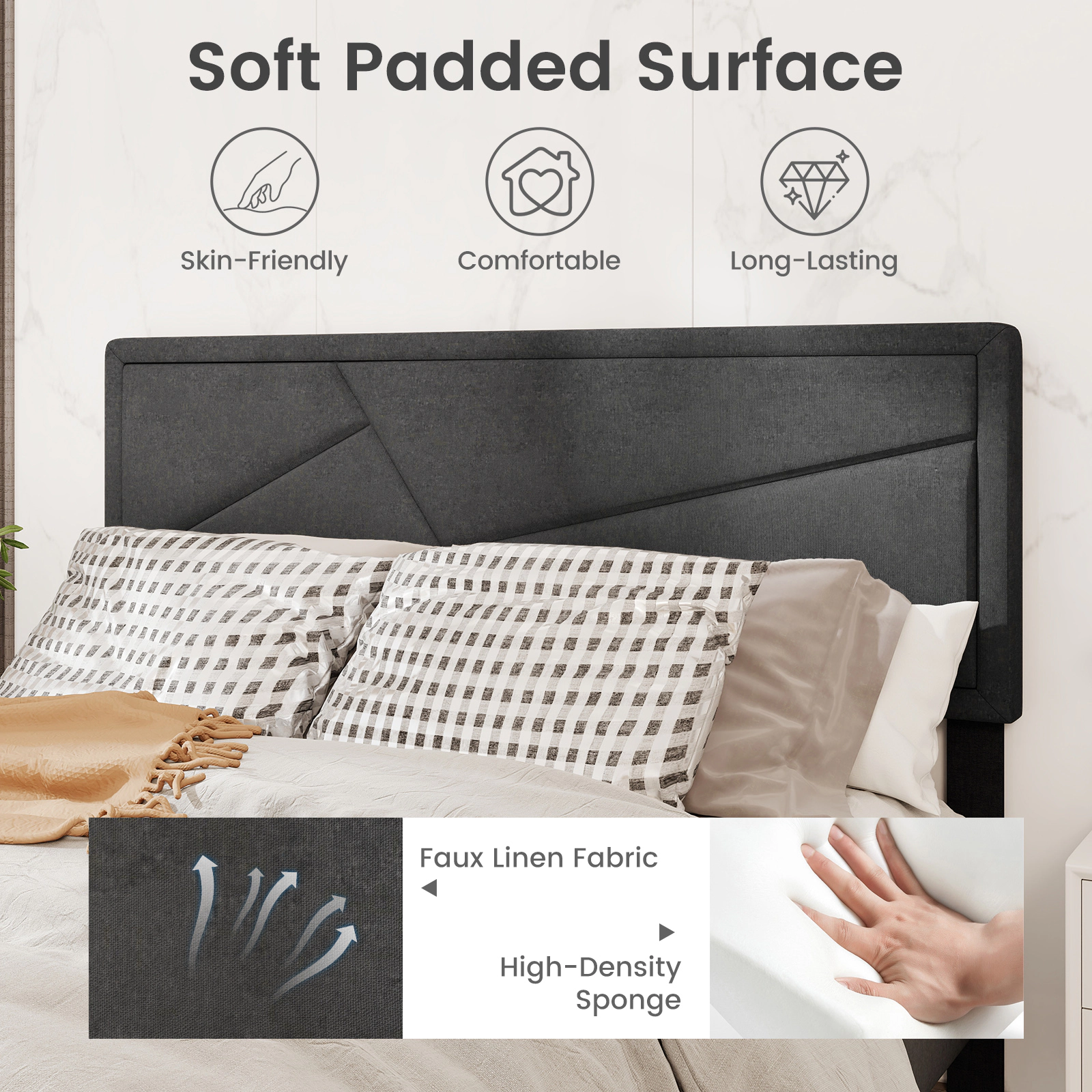 SUGIFT Queen Upholstered Platform Bed with Tall Headboard, Gray