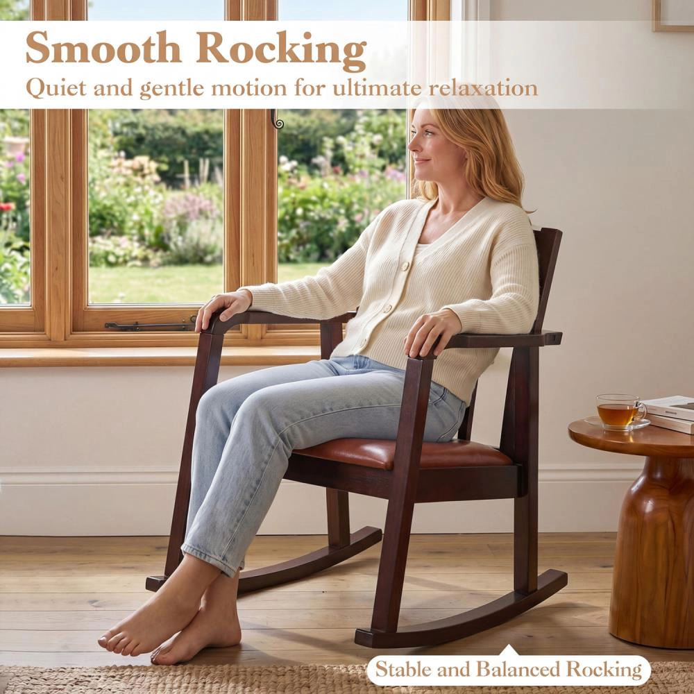 Hivvago Wooden Rocking Chair With Upholstered Seat And Ladder Back For Living Room